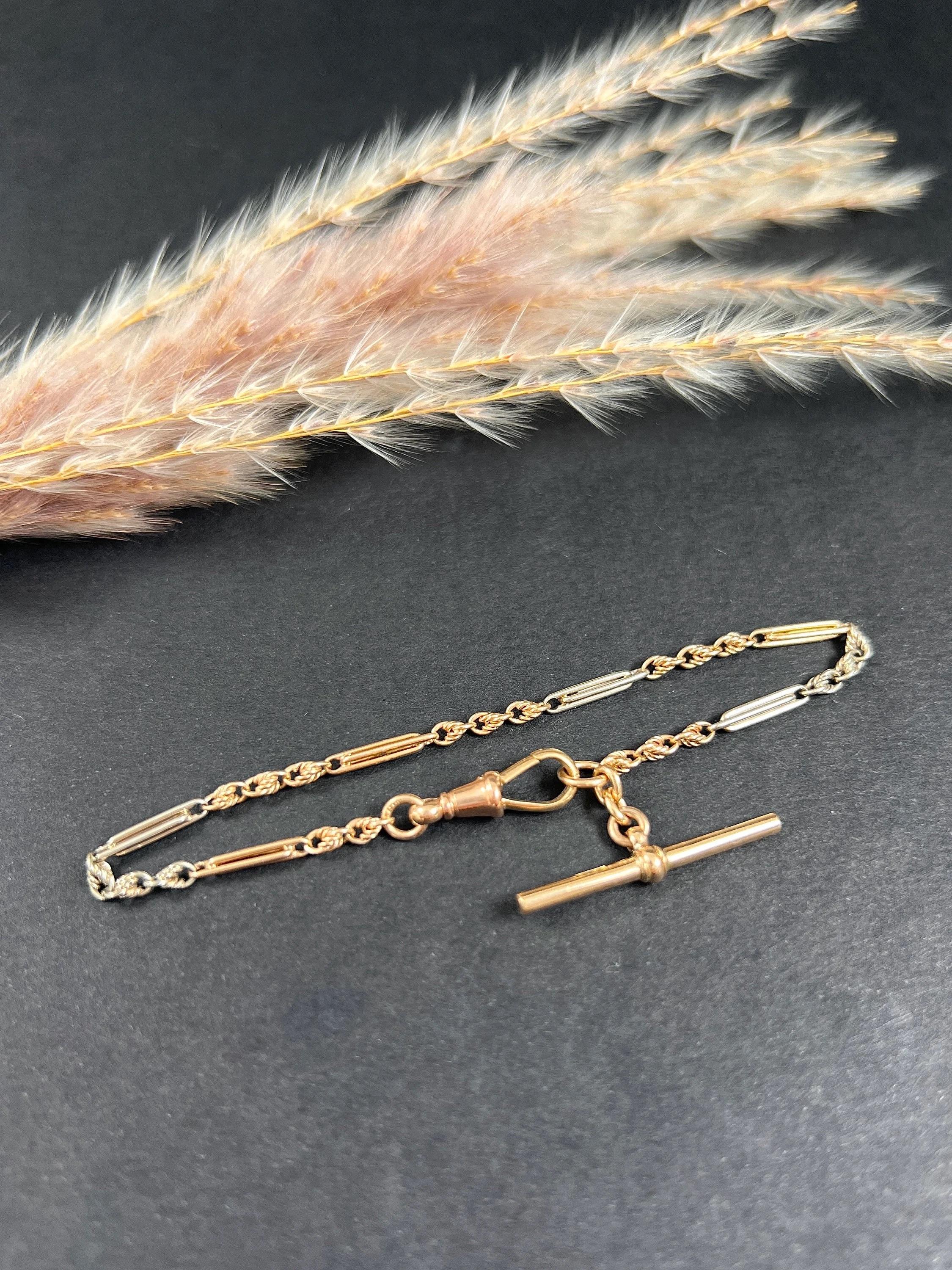 Women's or Men's 9ct Two Colour Gold Edwardian Paperclip Knot Link Bracelet T Bar & Swivel Clasp