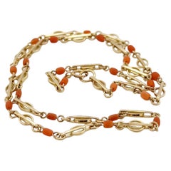 9ct Vintage 1979 Yellow Gold Decorative Chain Link Necklace, Coral Colour Beads