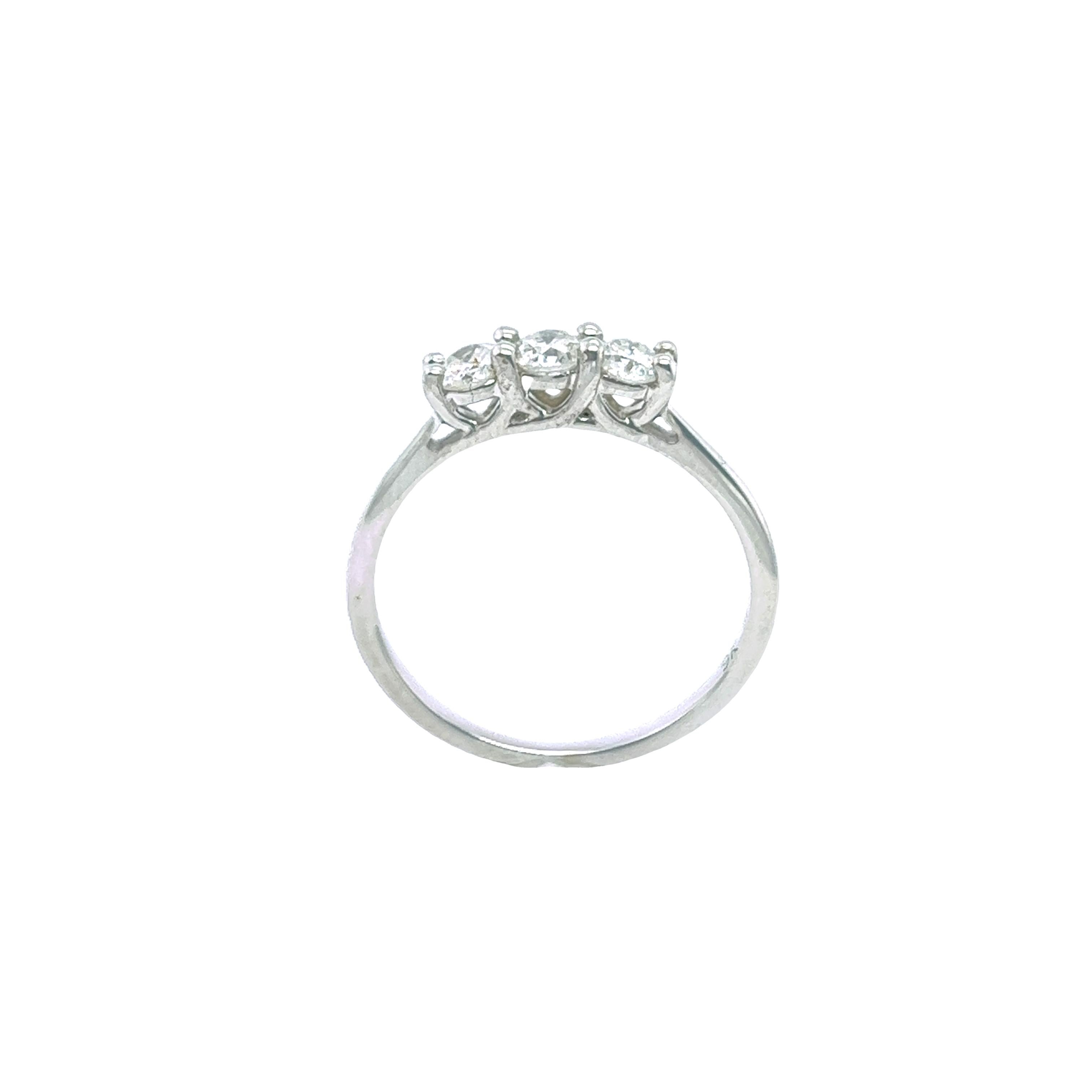 An elegant diamond ring for your engagement, set with 3 round brilliant cut natural diamonds, 0.50ct total diamond weight in a 9ct white gold setting.

Total Diamond Weight: 0.50ct
Diamond Colour: G-H
Diamond Clarity: I2-I3
Width of Band:
