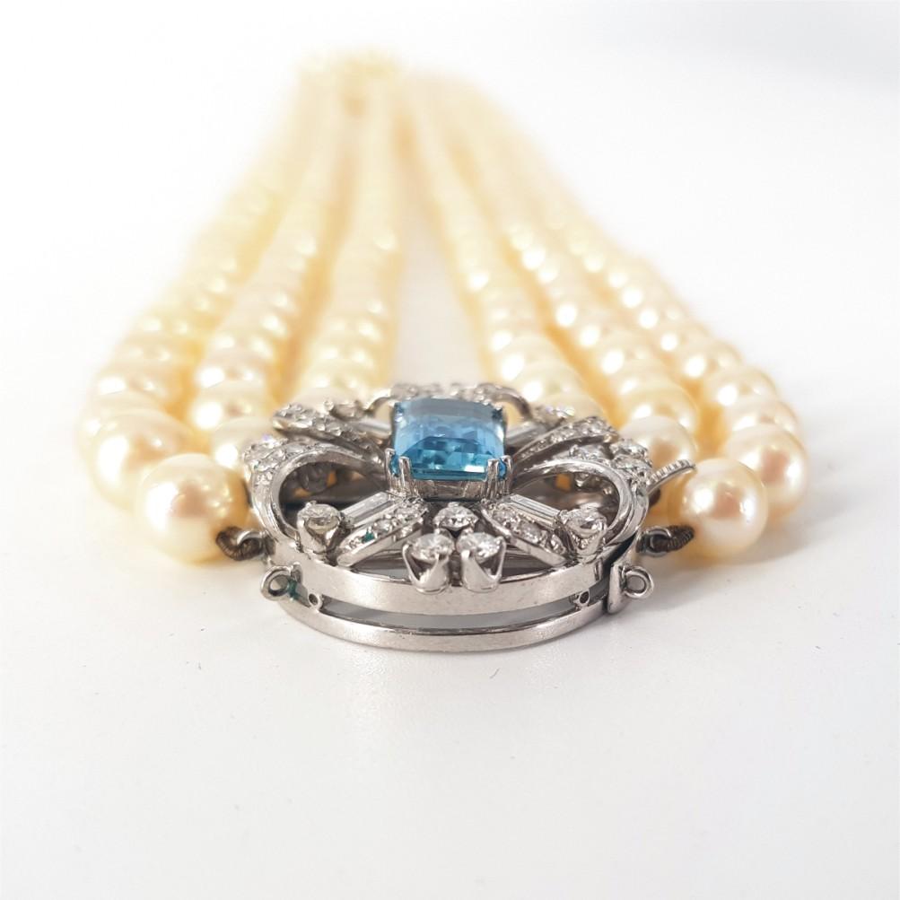 Art Deco 9ct White Gold Aquamarine & Diamond Pearl Necklace For Sale