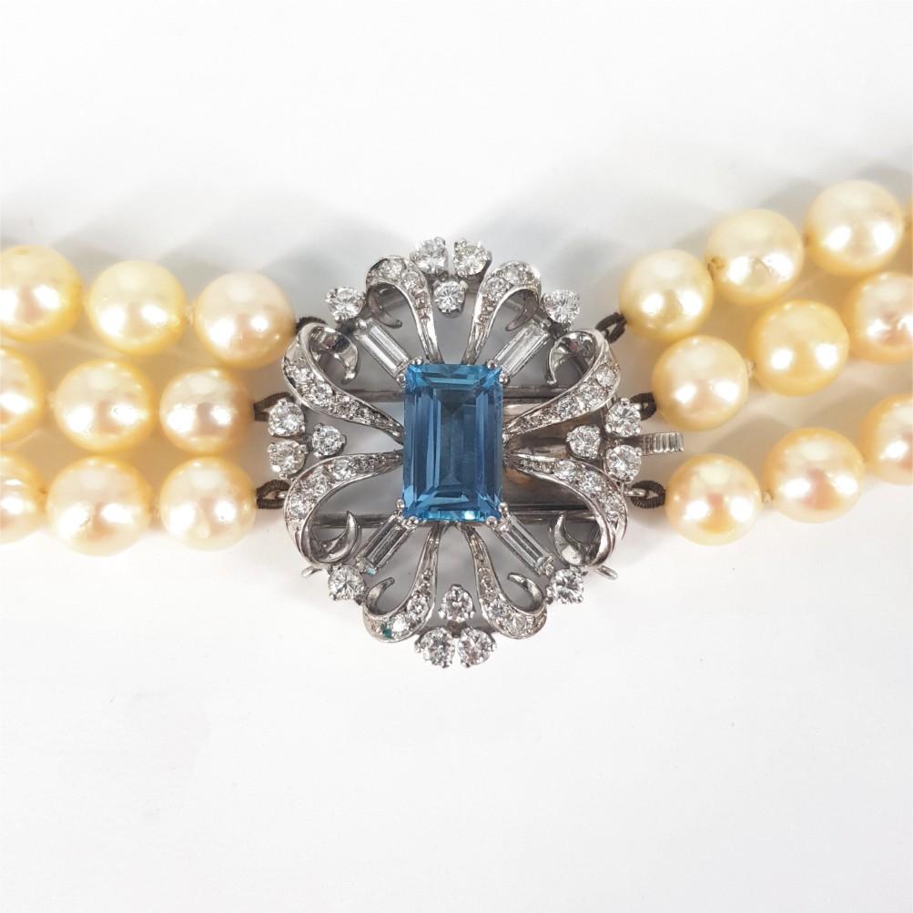 Women's 9ct White Gold Aquamarine & Diamond Pearl Necklace For Sale