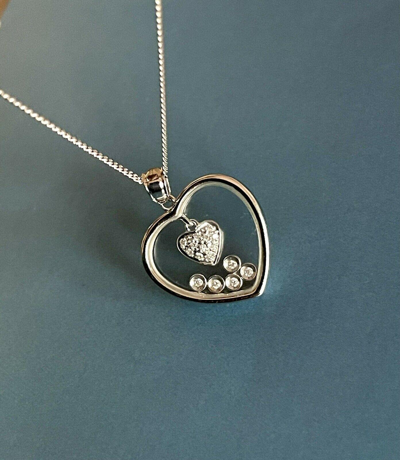 Women's 9ct White Gold Dancing Diamond Necklace 0.22ct Floating Diamond Heart Pendant Ch For Sale