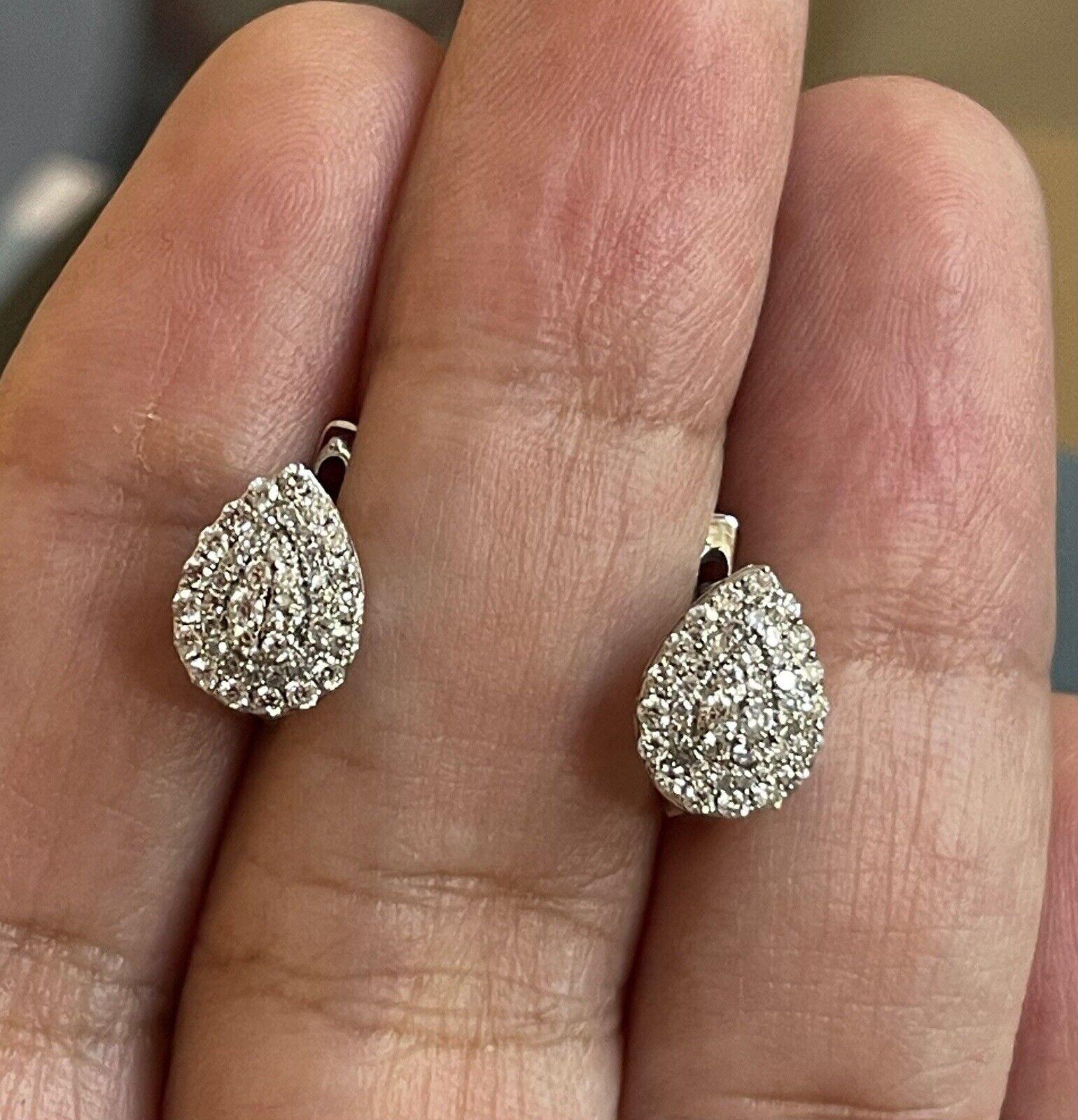 9ct White Gold Diamond Earrings 0.50ct Teardrop halo cluster leverbacks hoops For Sale 2