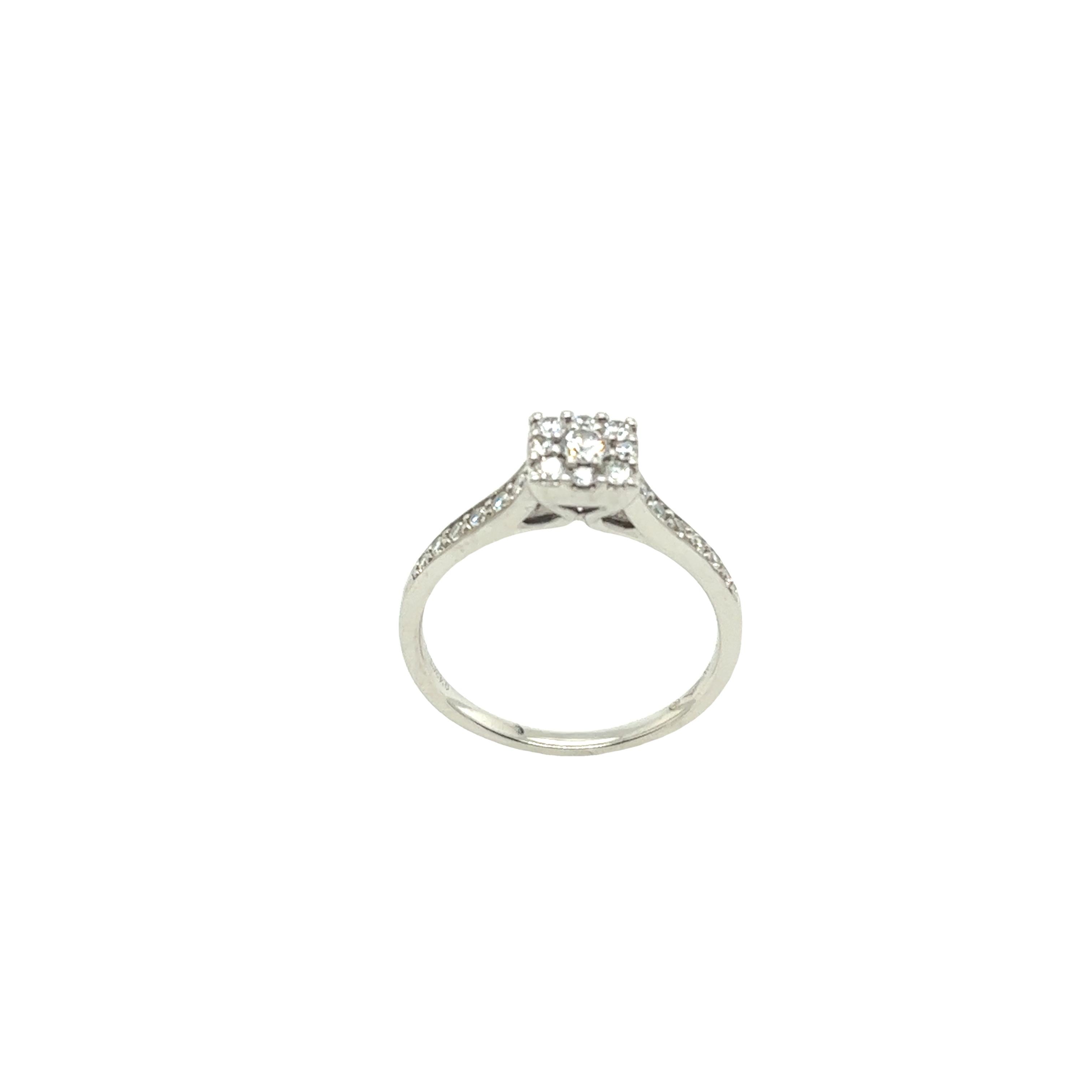 An elegant diamond ring for your engagement, set with 0.43ct round brilliant cut natural diamonds 
in a 9ct white gold setting. Beaverbrooks certificate.
Total Diamond Weight: 0.43ct
Diamond Colour: I
Diamond Clarity: I1
Width of Band: 1.50mm
Width