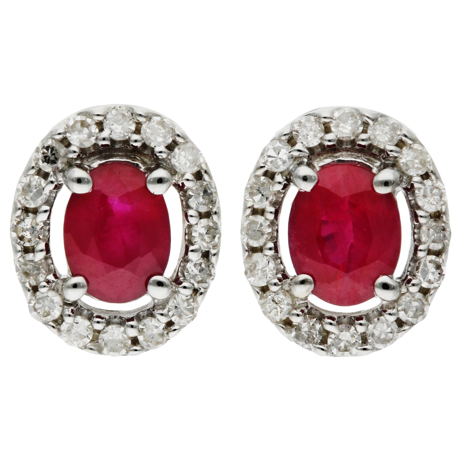 Oval Cut 9ct White Gold Diamond & Ruby Earrings For Sale