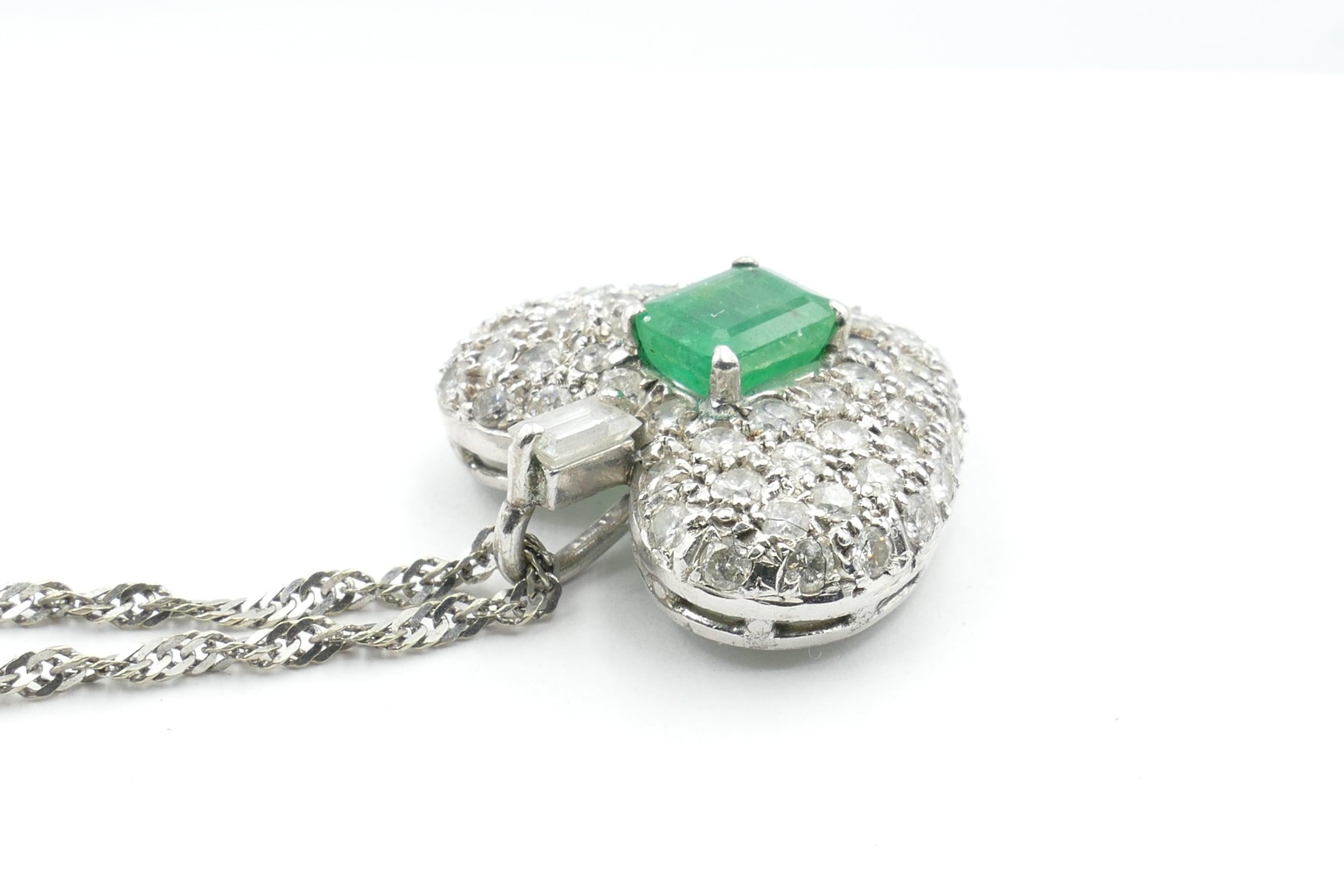 Baguette Cut 9 Carat White Gold Emerald and Multi Diamond Pendant