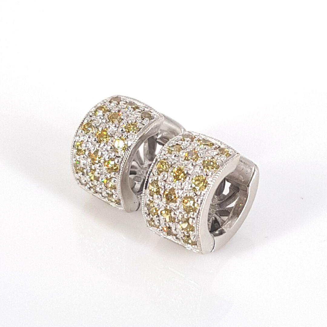 Round Cut 9 Carat White Gold Fancy Yellow Diamond Huggies