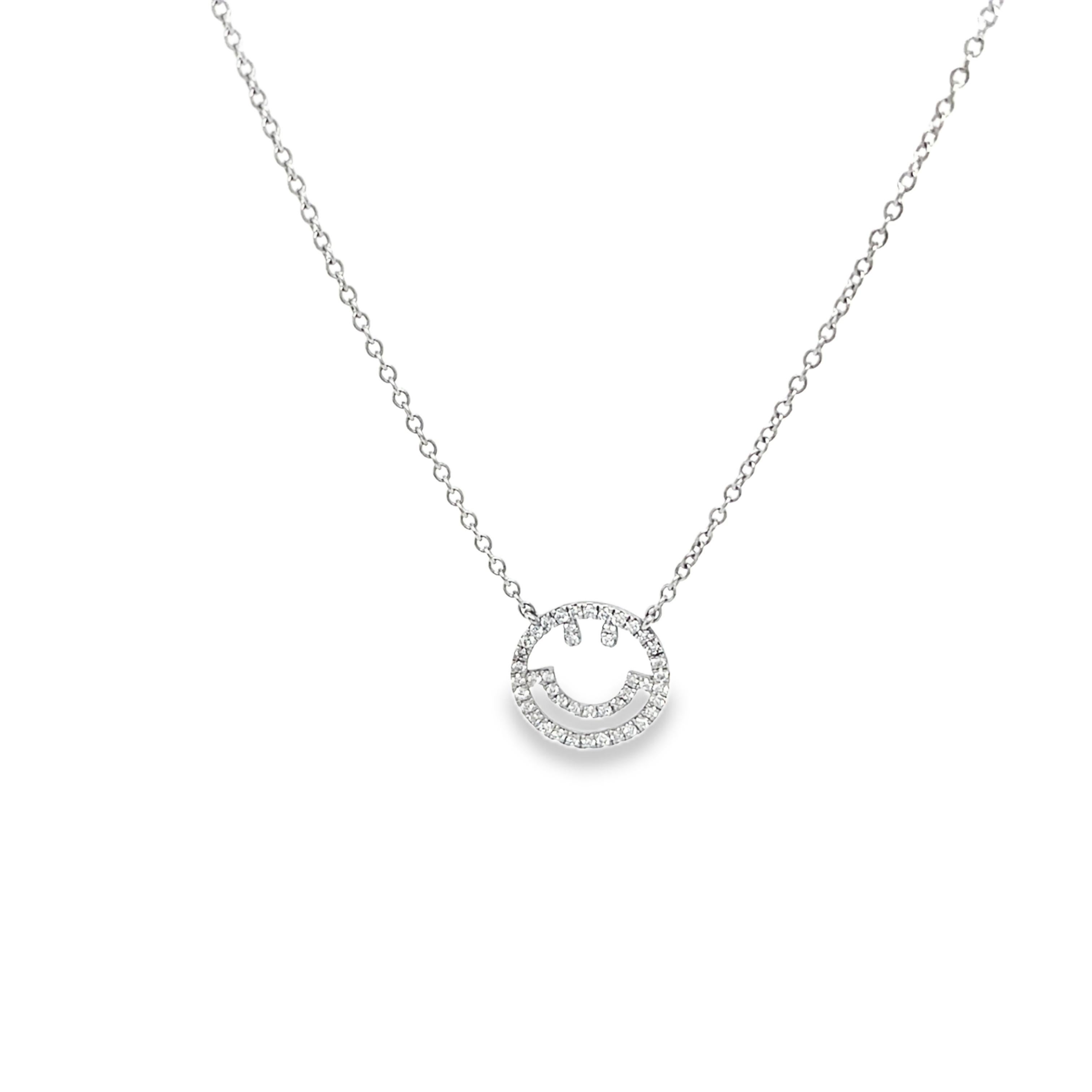 9ct White Gold Pave Set Smiley Pendant on an 18" 9ct White Gold Chain
