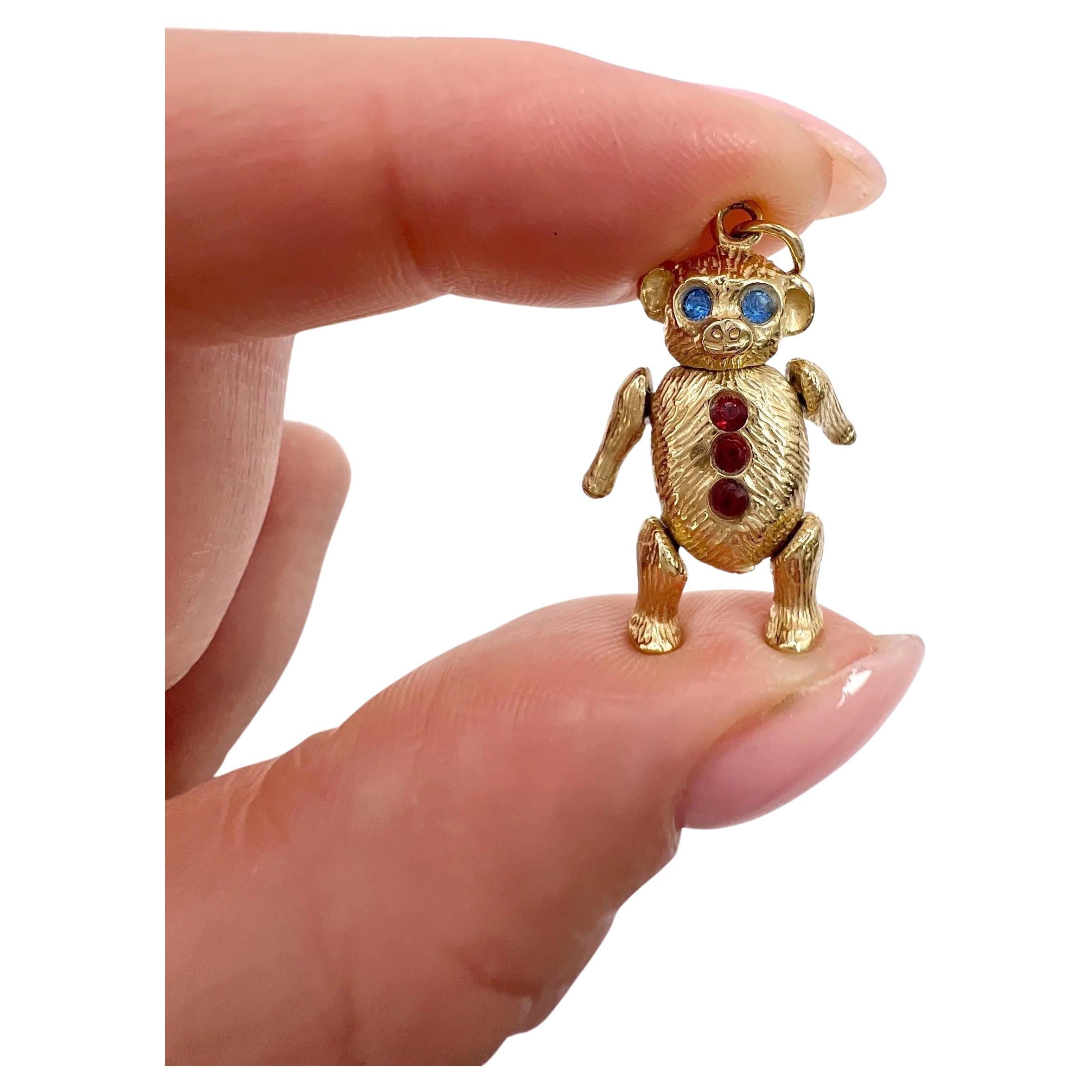 9ct Yellow Gold, 1980s Articulated Bear Pendant with Blue Eyes & Red Buttons