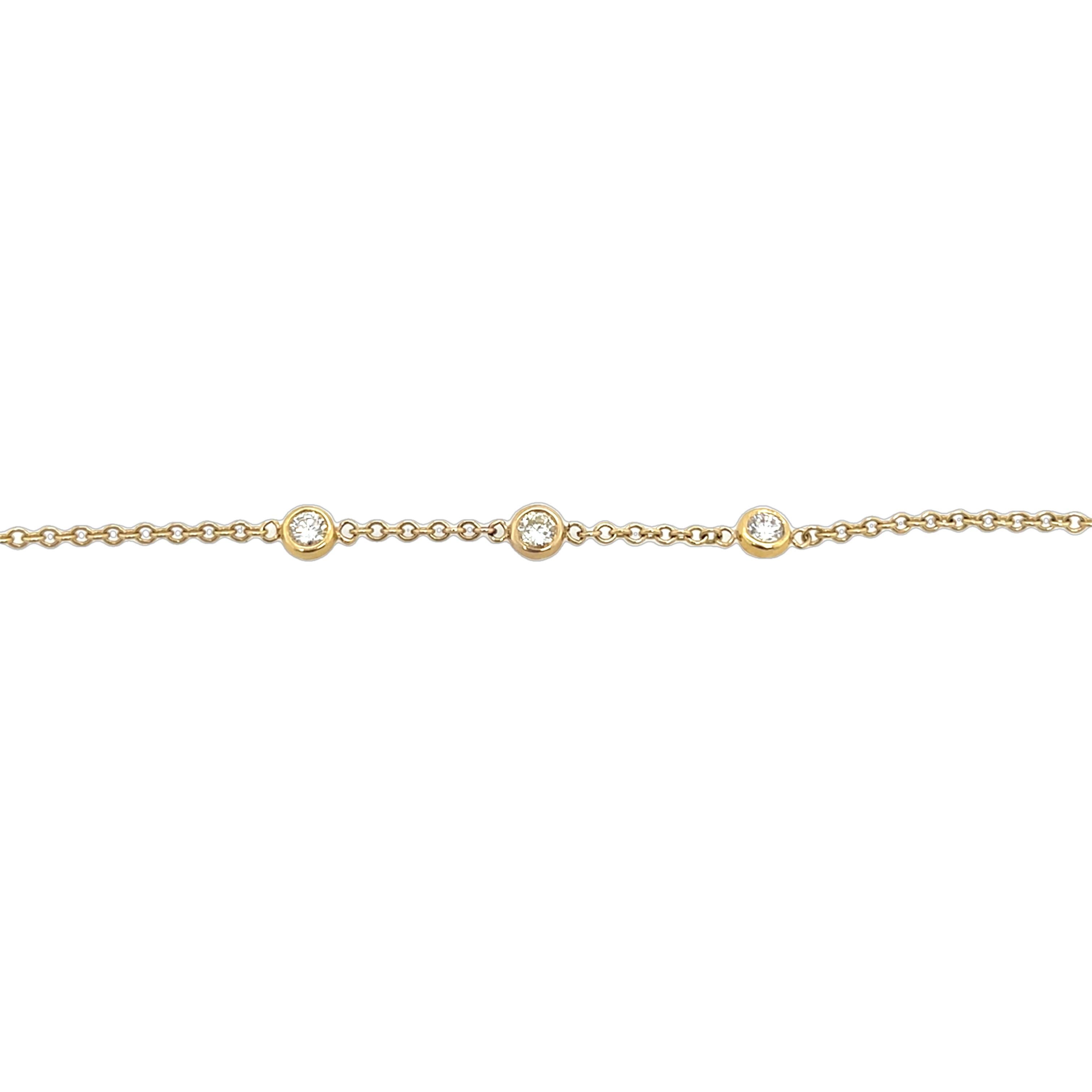 This gorgeous diamond bracelet is made with 9ct yellow gold and features 3 round brilliant cut diamonds. 
It is adjustable in length and sits beautifully on the wrist.

Total weight: 1.90g
Total Diamond Weight: 0.18ct
Diamond Colour: G/H
Diamond