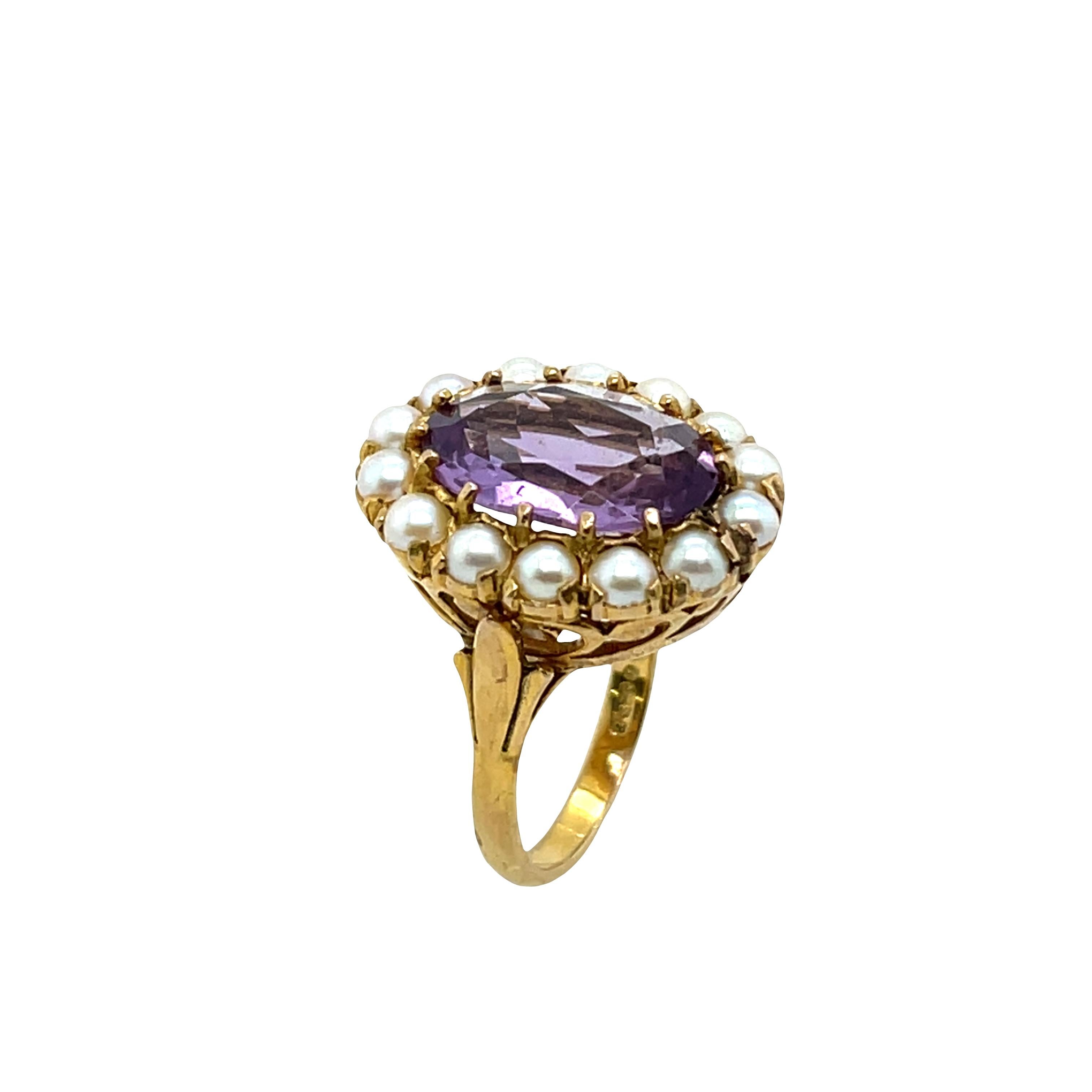 Anello in oro giallo 9ct con ametista e perle a raggiera In condizioni ottime in vendita a London, GB
