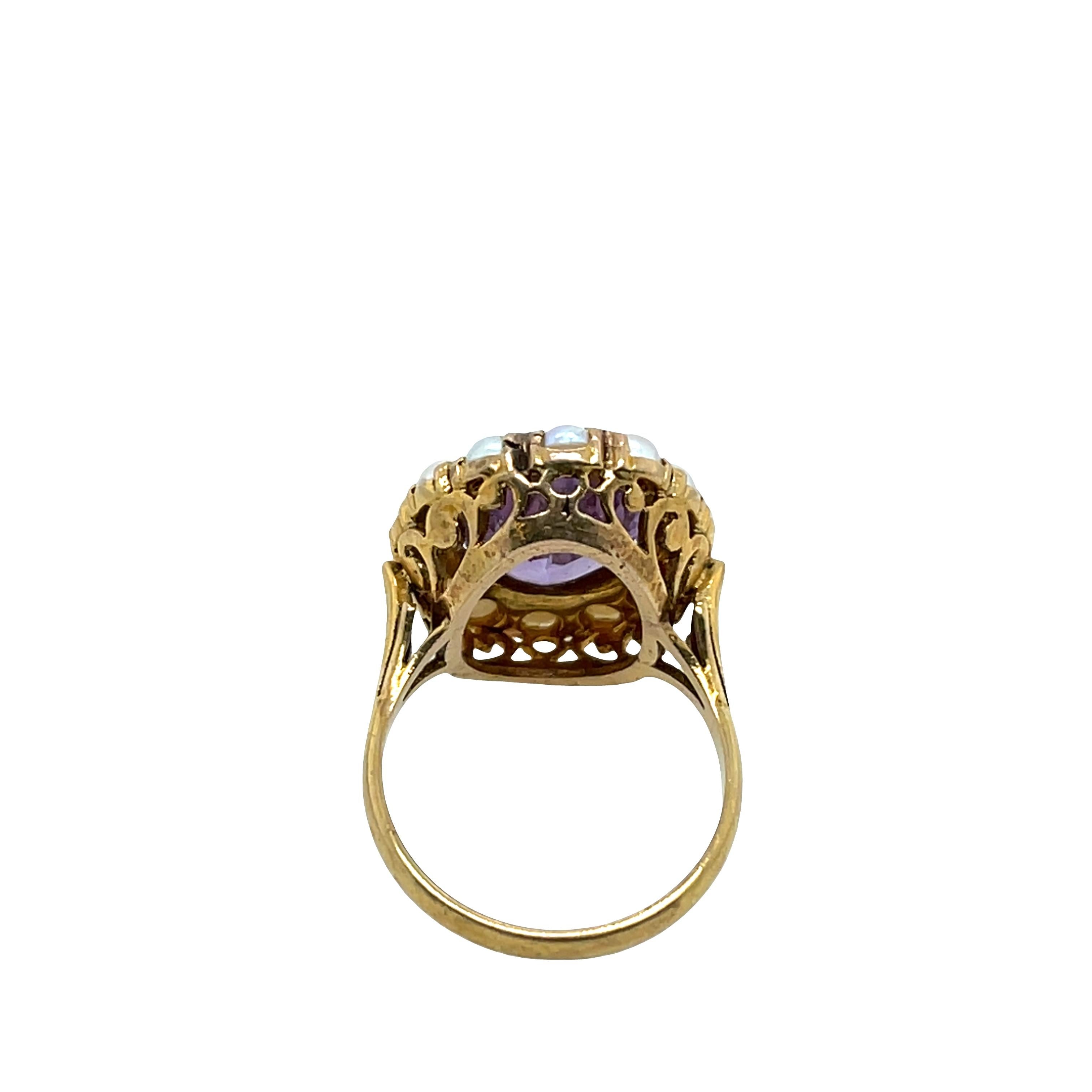 Donna Anello in oro giallo 9ct con ametista e perle a raggiera in vendita