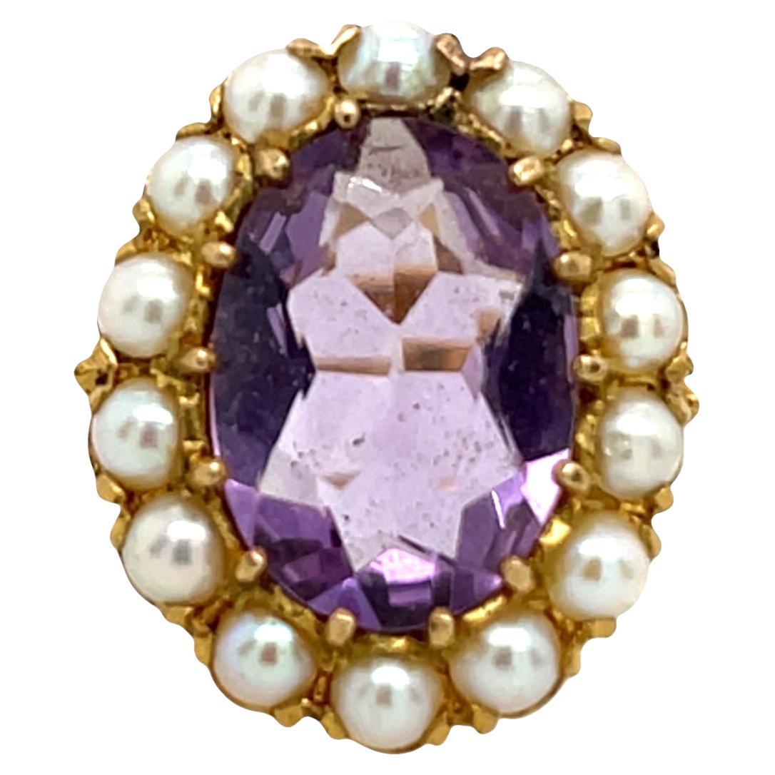 Anello in oro giallo 9ct con ametista e perle a raggiera in vendita