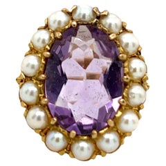 Bague en or jaune 9ct sertie d'améthyste et de perles de rocaille Halo