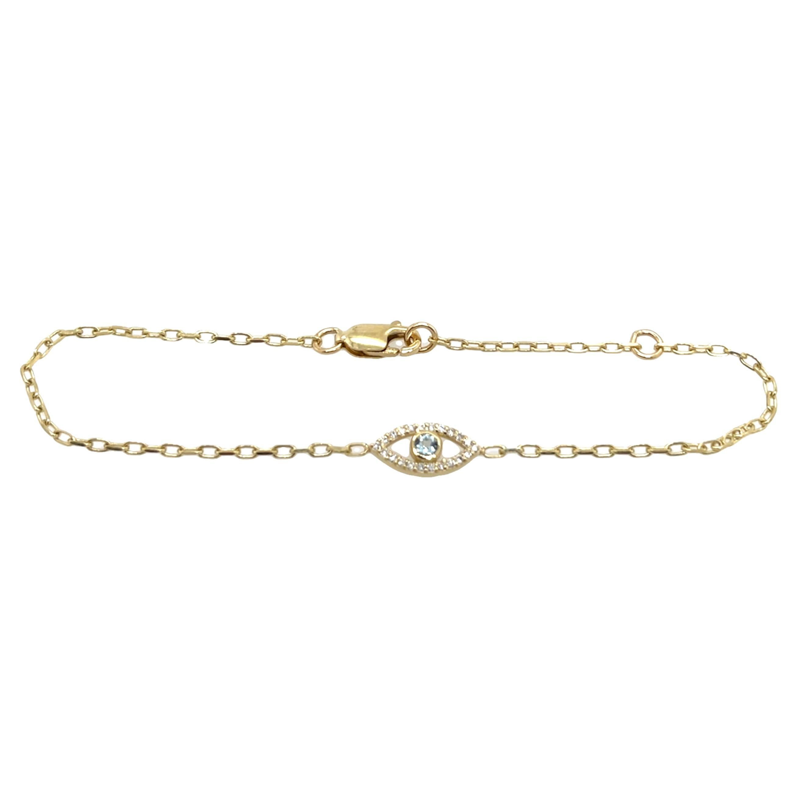 9ct Yellow Gold Aquamarine Set Evil Eye Bracelet, March Birthstone