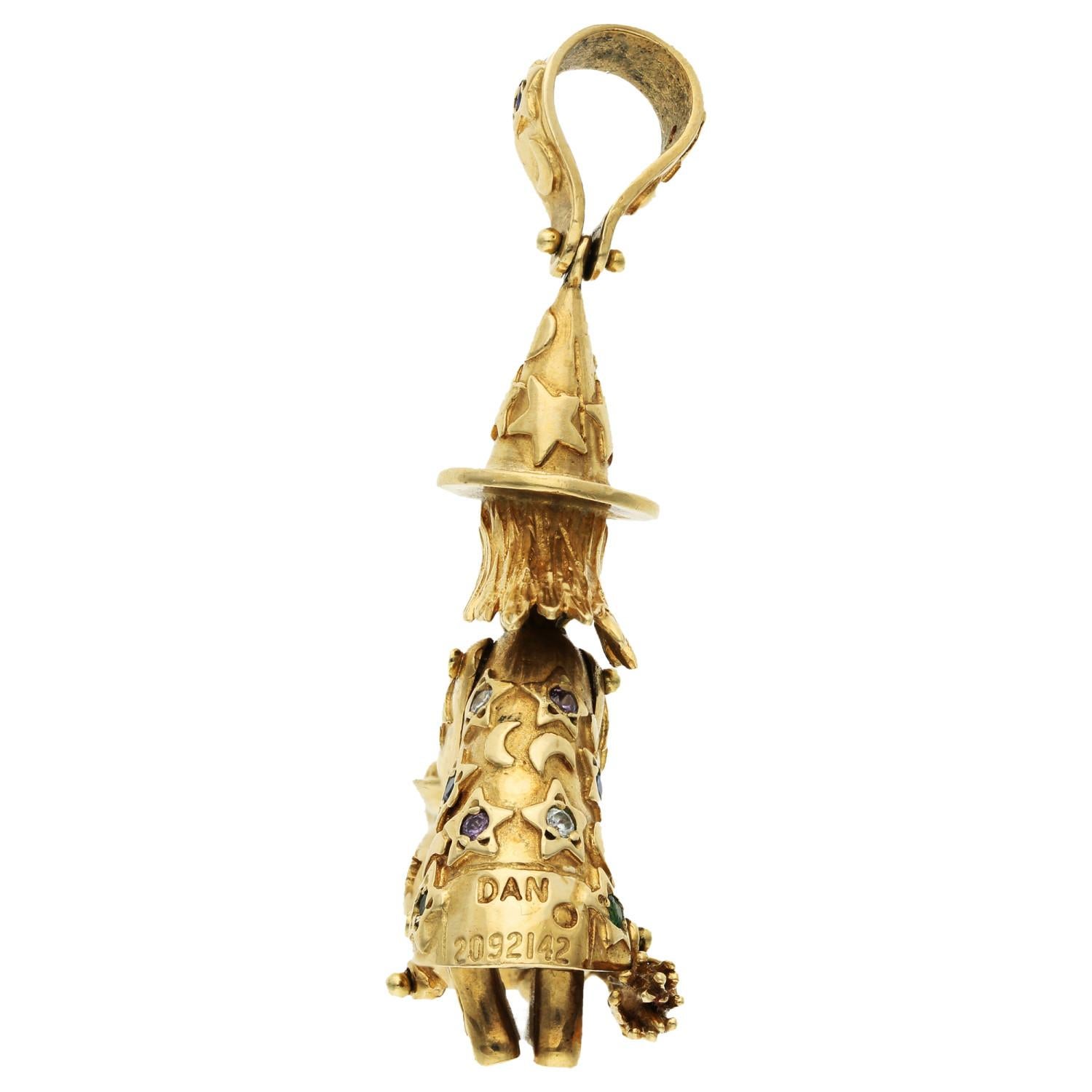 Artisan 9ct Yellow Gold Articulated Witch Charm Pendant  For Sale