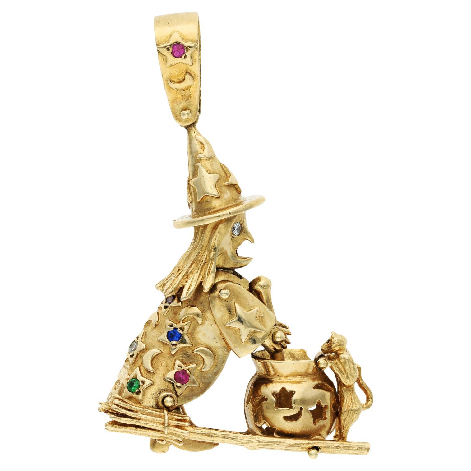 9ct Yellow Gold Articulated Witch Charm Pendant  For Sale