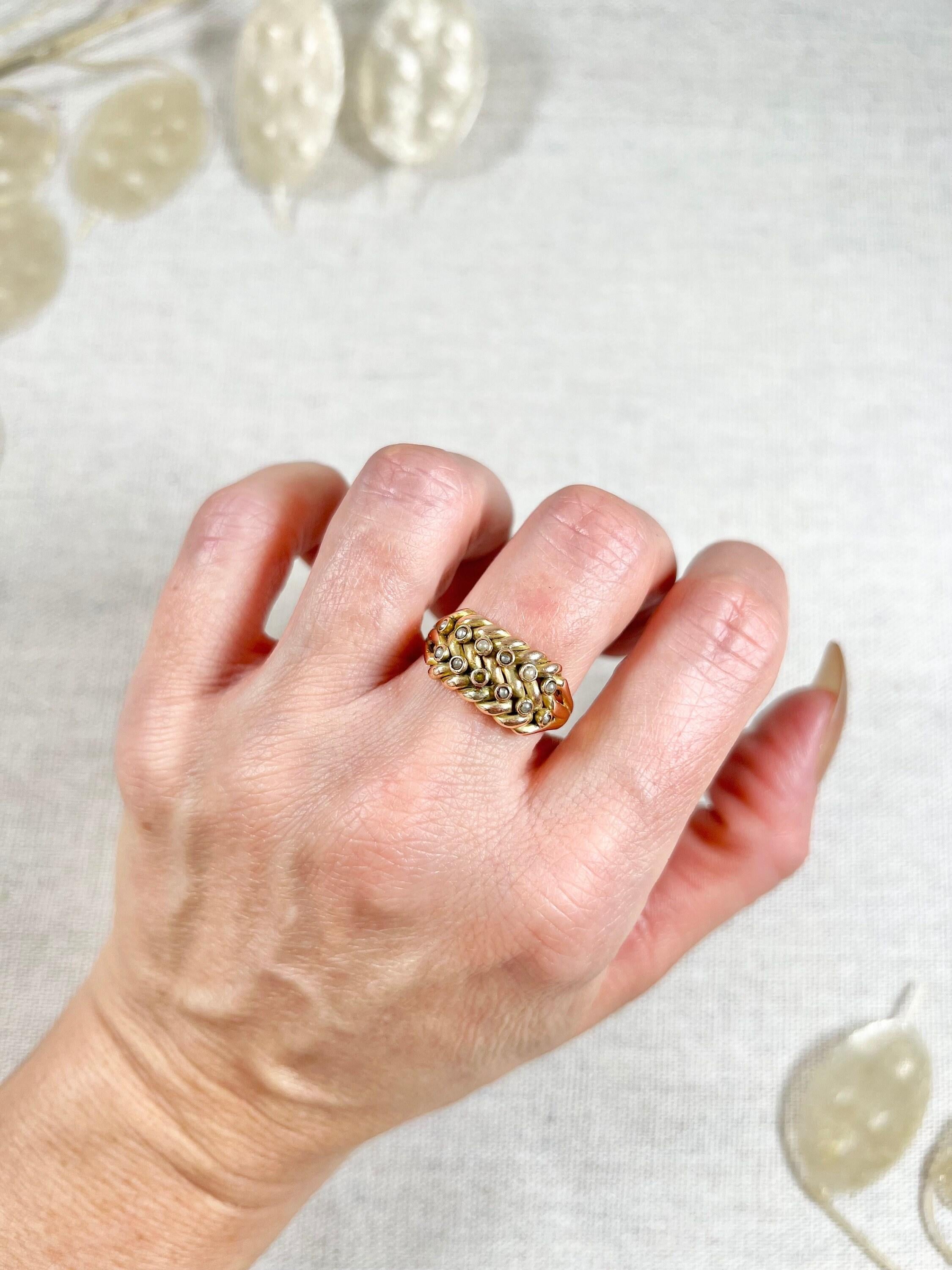 9ct Yellow Gold Birmingham Hallmarked Victorian Seed Pearl Set Keepers Ring For Sale 5