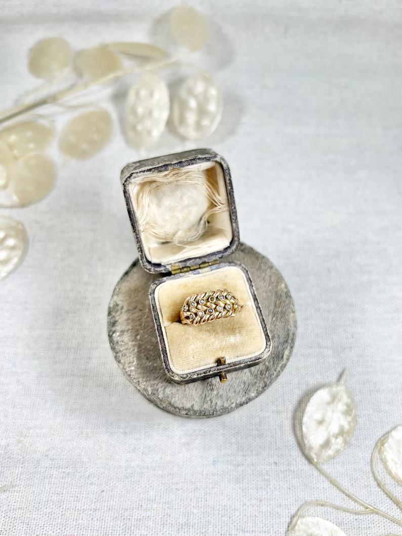 Round Cut 9ct Yellow Gold Birmingham Hallmarked Victorian Seed Pearl Set Keepers Ring For Sale