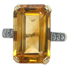 9ct Yellow Gold Citrine & Diamond Ring Set With 3 diamonds on each Shoulder