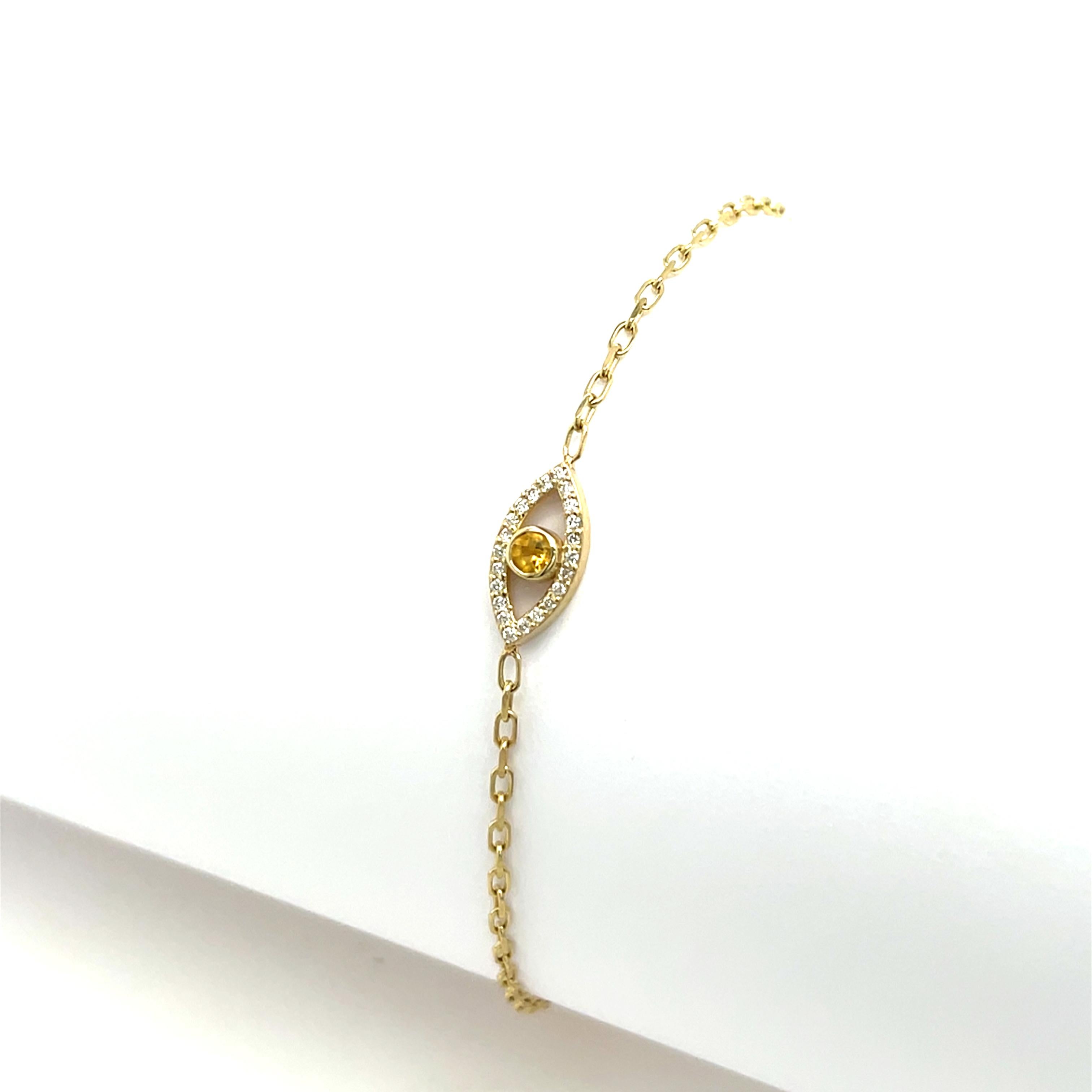 Taille ronde Bracelet Evil Eye en or jaune 9 carats serti de citrine, pierre de naissance de novembre en vente