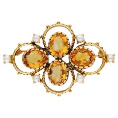 Vintage 9ct Yellow Gold Citrine & Split Pearl Brooch 9.10 grams