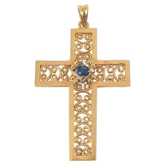 9ct Yellow Gold Cylon Sapphire Filigree Cross Pendant