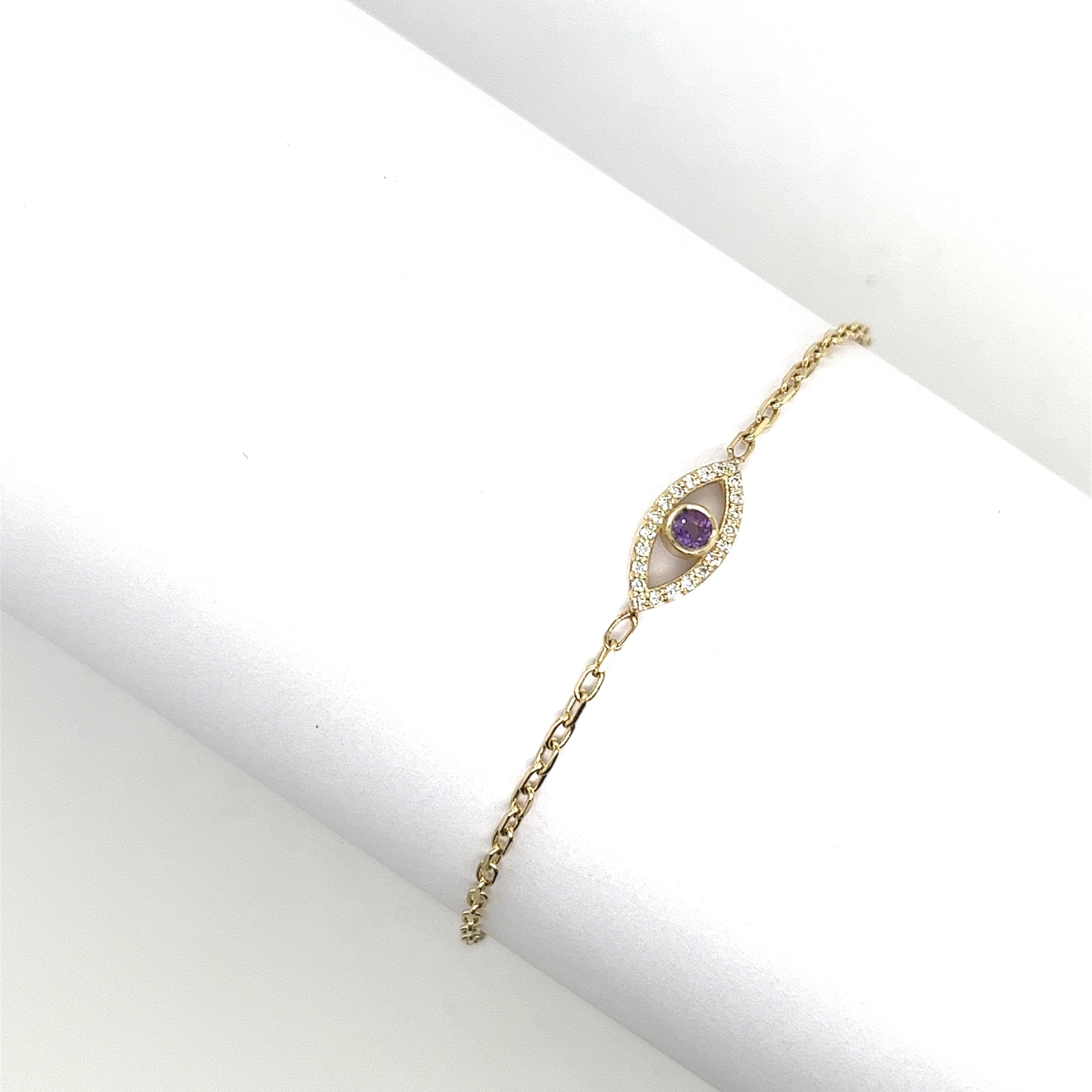 Round Cut 9ct Yellow Gold Diamond & Amethyst Set Evil Eye Bracelet, February Birthstone For Sale