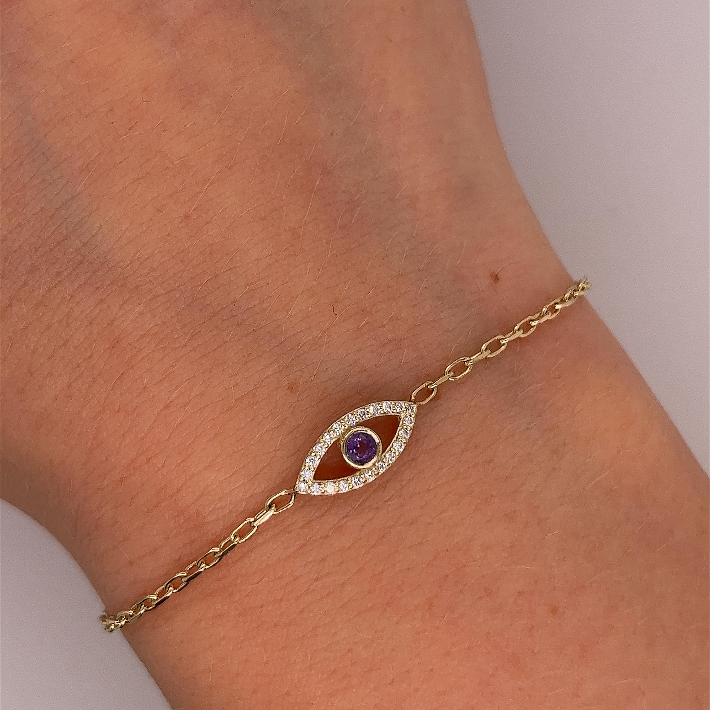 Round Cut 9ct Yellow Gold Diamond & Amethyst Set Evil Eye Bracelet, February Birthstone For Sale