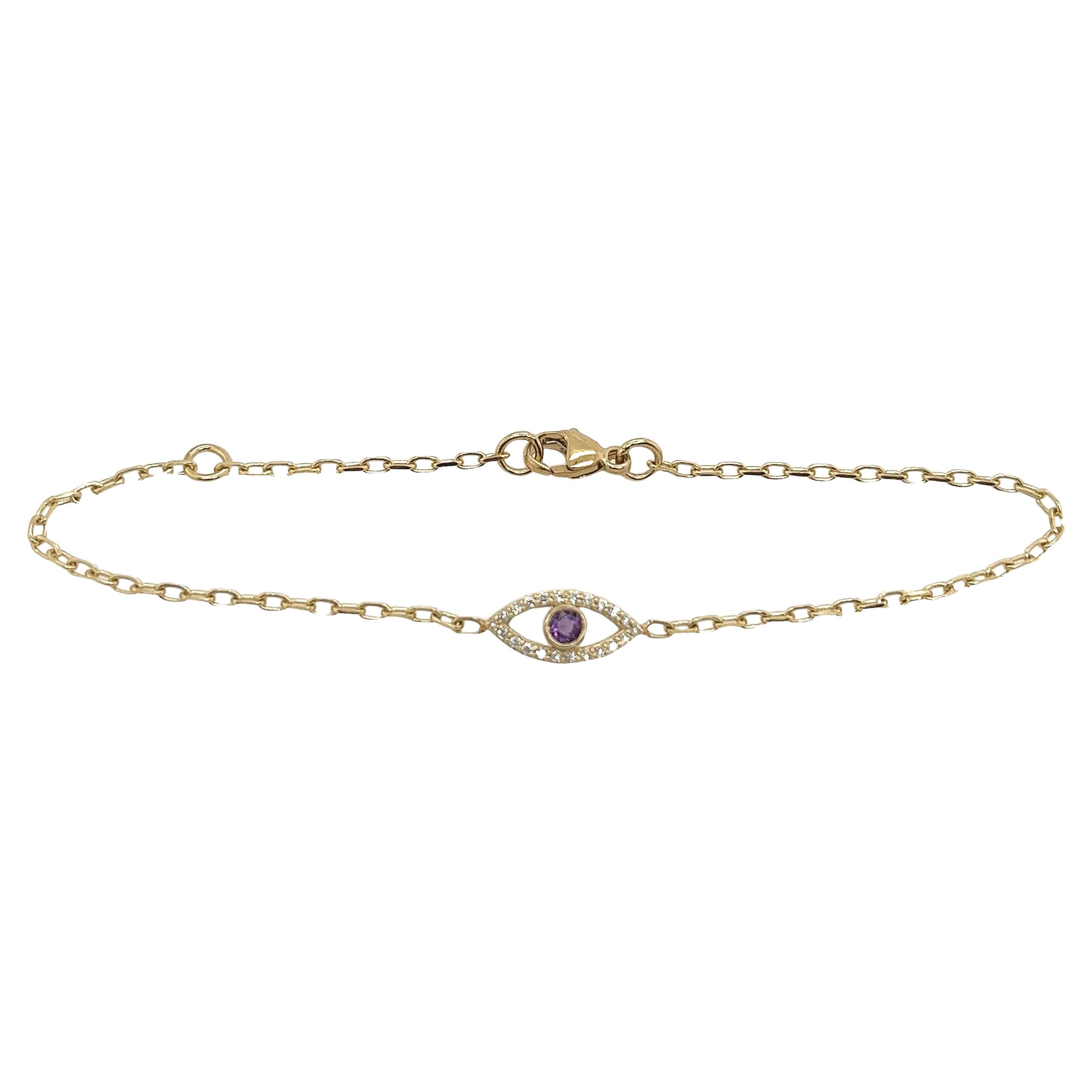 Bracelet Evil Eye serti de diamants et améthystes en or jaune 9 carats, pierre de naissance de février