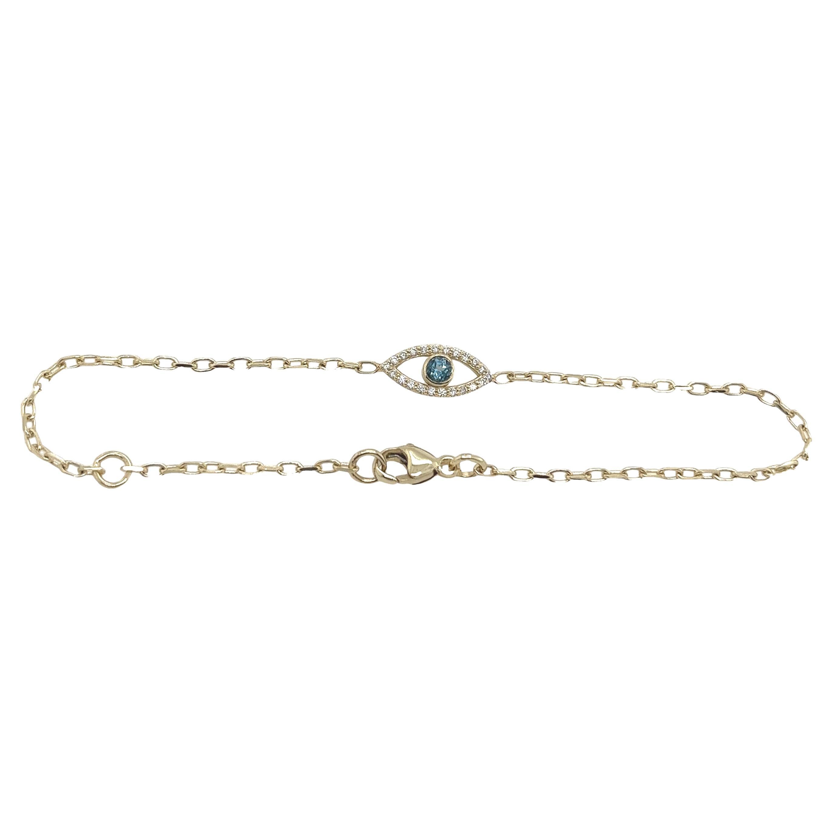 9ct Yellow Gold Diamond & Blue Topaz Set Evil Eye Bracelet, December Birthstone For Sale