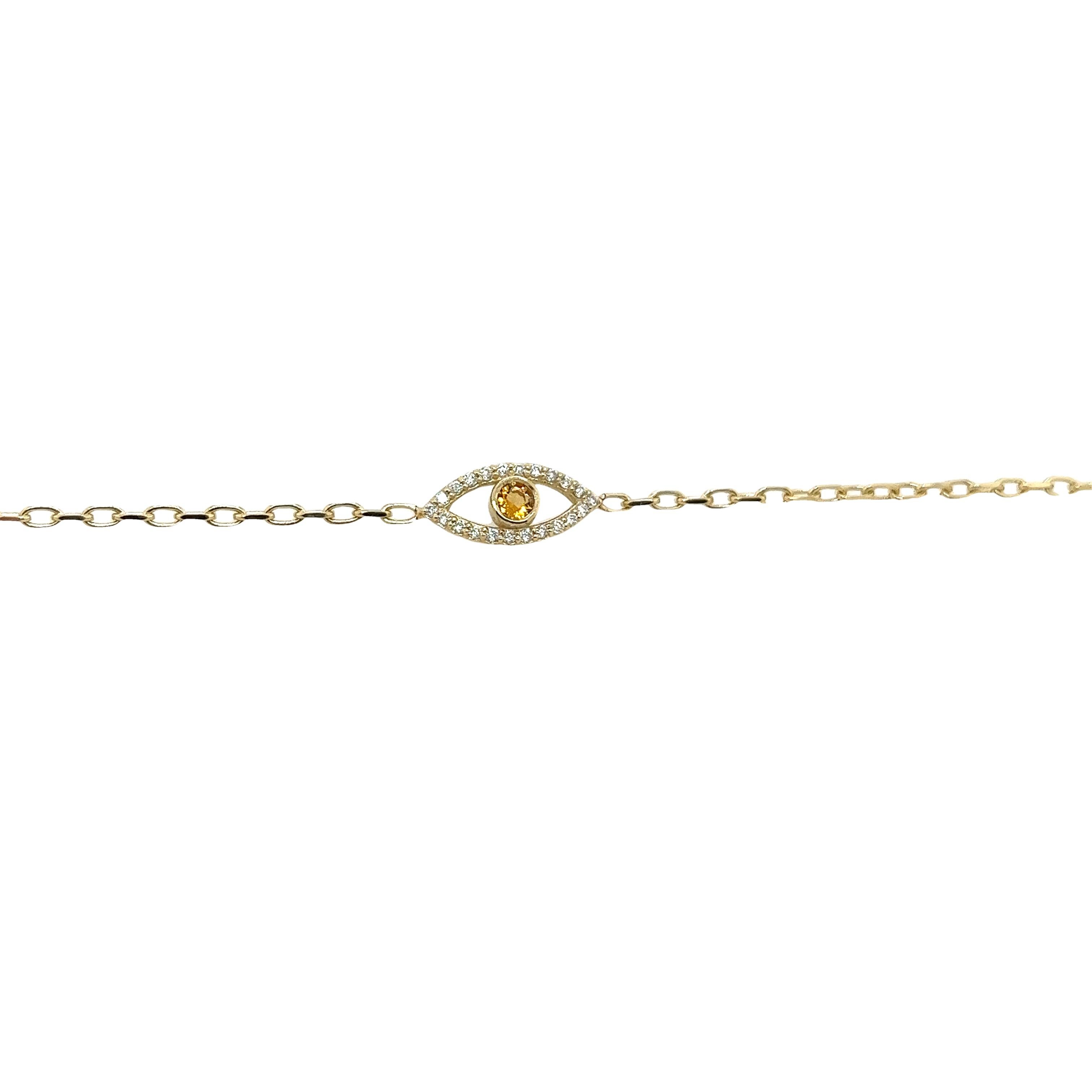 Round Cut 9ct Yellow Gold Diamond & Citrine Set Evil Eye Bracelet, November Birthstone For Sale