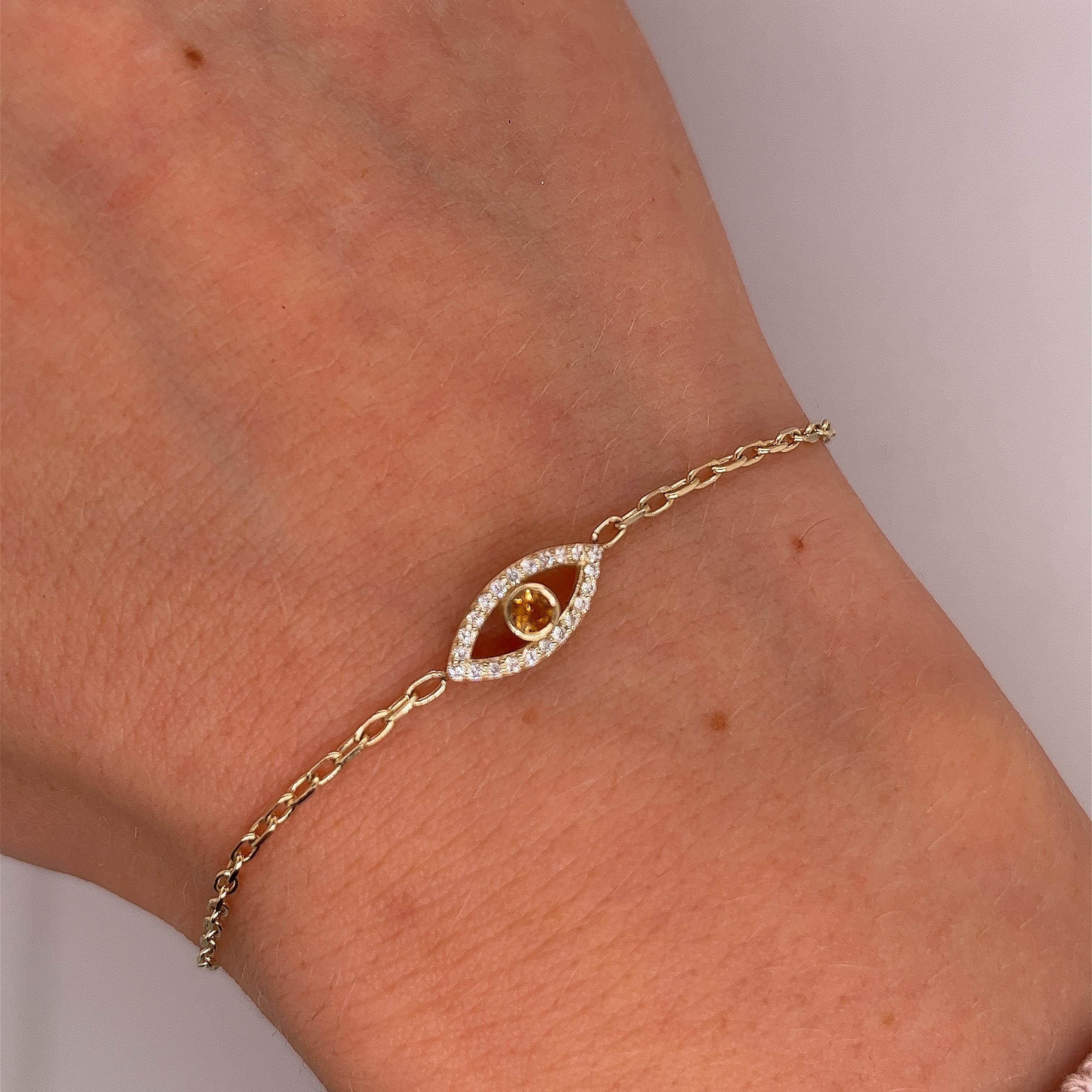 9ct Yellow Gold Diamond & Citrine Set Evil Eye Bracelet, November Birthstone In New Condition For Sale In London, GB