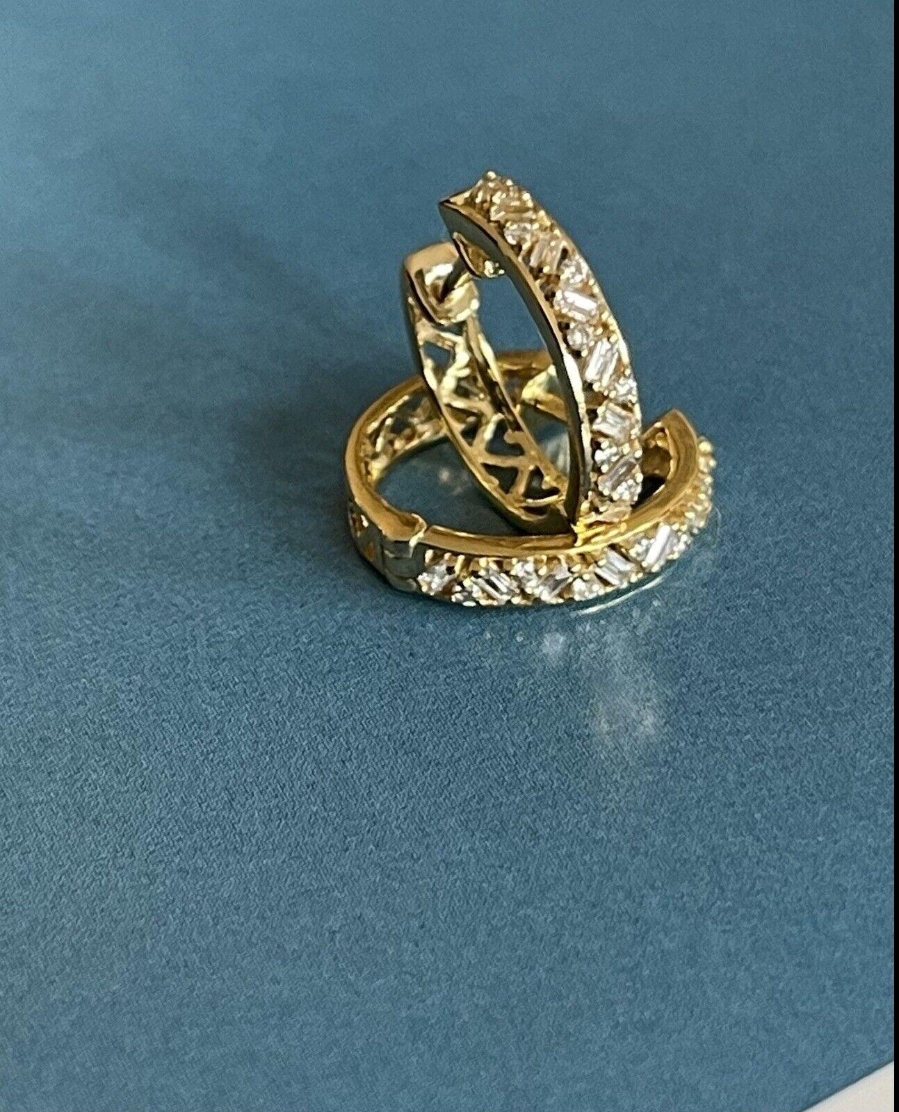 9ct Yellow Gold Diamond Earrings 0.30ct Hoops Baguette & Round Intricate Huggies In New Condition For Sale In Ilford, GB