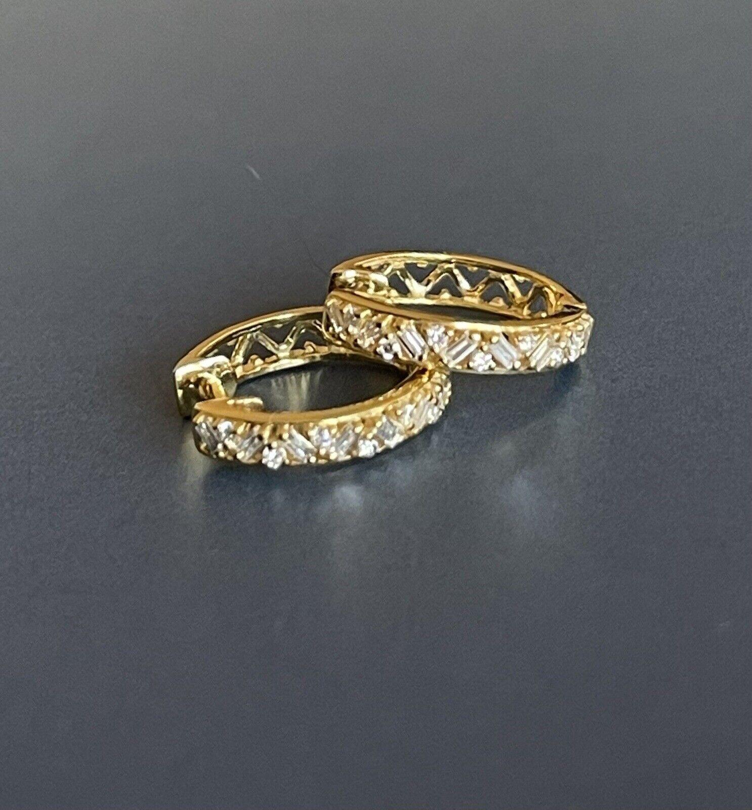 Women's 9ct Yellow Gold Diamond Earrings 0.30ct Hoops Baguette & Round Intricate Huggies For Sale