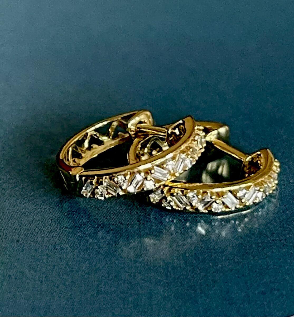 9ct Yellow Gold Diamond Earrings 0.30ct Hoops Baguette & Round Intricate Huggies For Sale 1