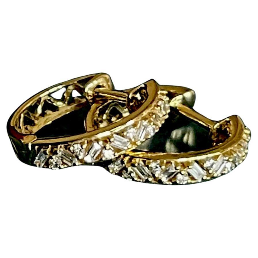 9ct Yellow Gold Diamond Earrings 0.30ct Hoops Baguette & Round Intricate Huggies