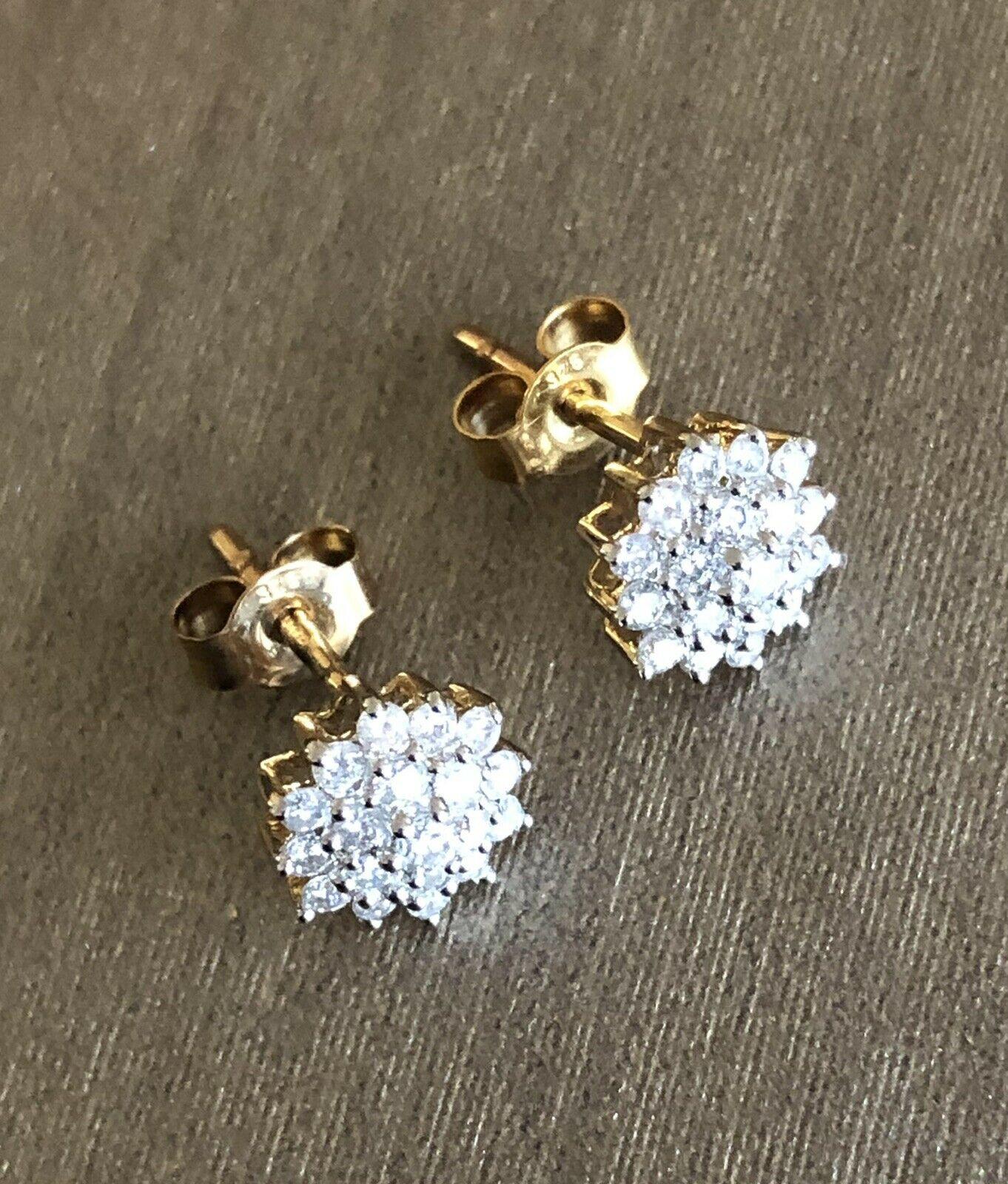 

Diamond cluster Studs set in 9ct gold straight from heart of London Hatton garden

Hallmarked 375 for gold

Stones are 0.50ct in total (please check our listings for 1ct version of this style)

G/H

SI

Please study pics for weight and