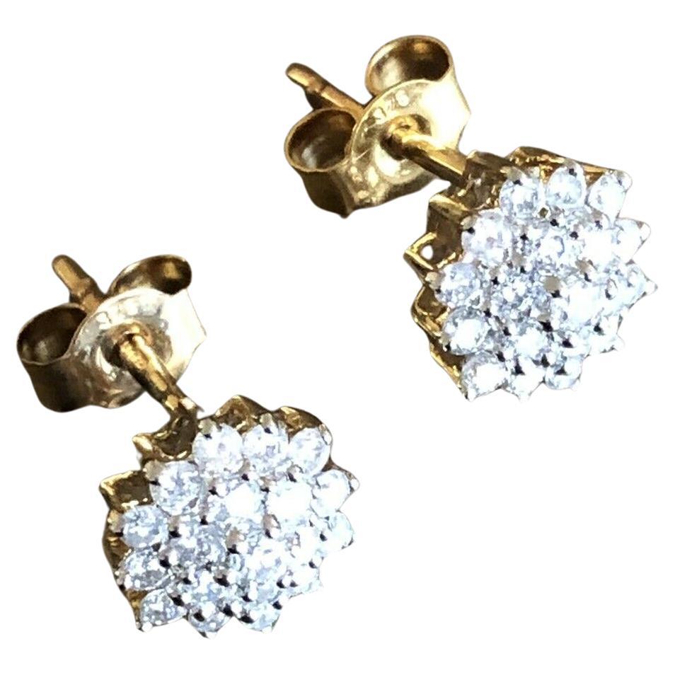 9ct Yellow Gold Diamond Earrings 0.50ct Flower Cluster Studs Half Carat 1/2ct For Sale