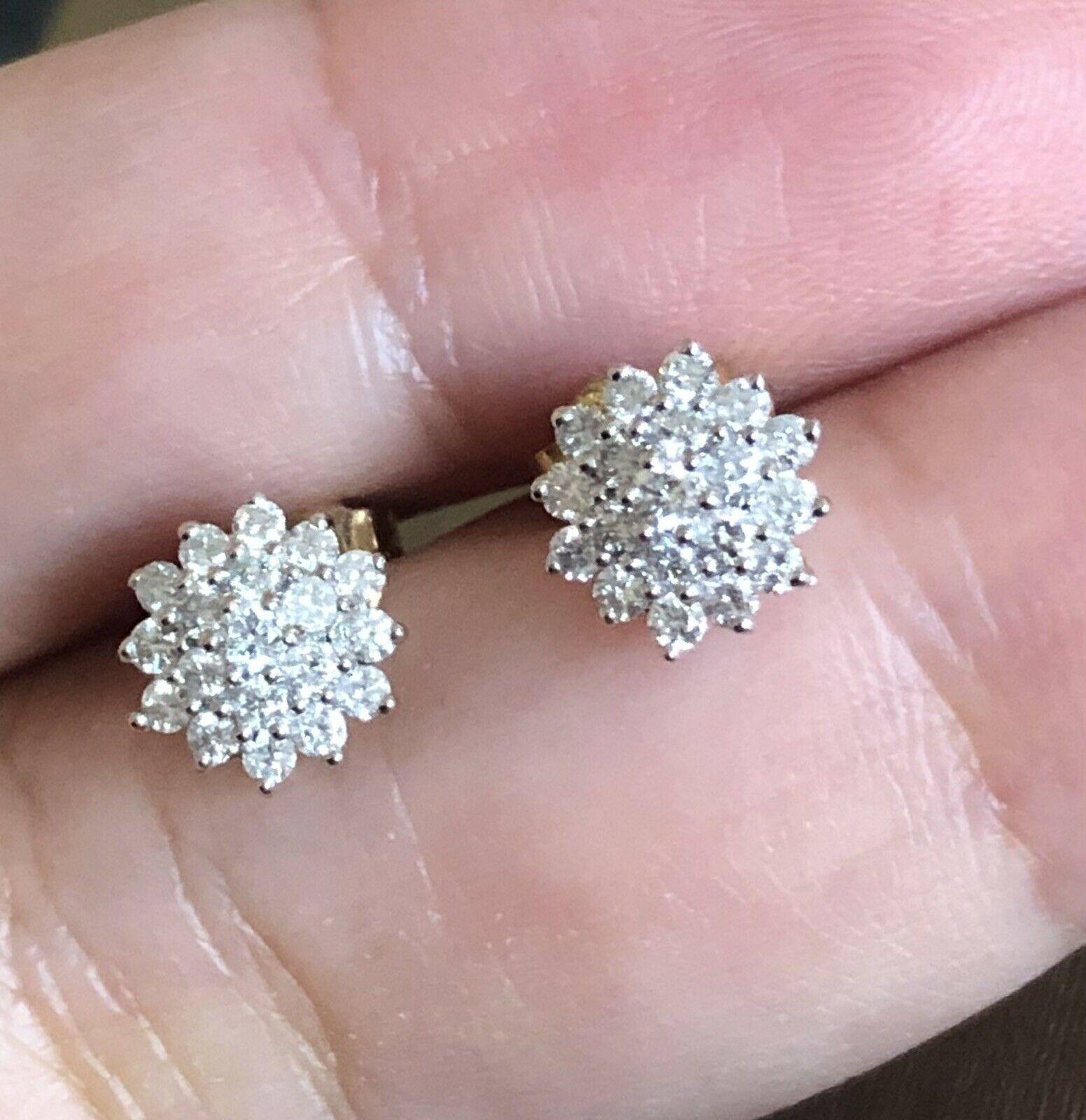 Diamond cluster Studs set in 9ct gold straight from heart of London Hatton garden

Hallmarked 375 for gold

Stones are 0.50ct in total (please check our listings for 1ct version of this style)

G/H

SI

Please study pics for weight and measures

It