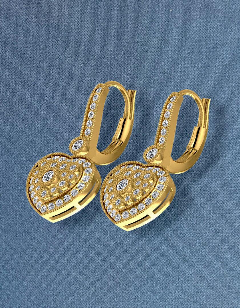 Women's or Men's 9ct Yellow gold diamond Earrings 0.75ct Heart cluster Drop Leverback Hoops 1ct For Sale