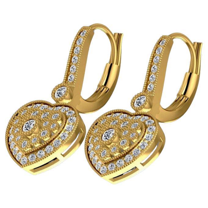 9ct Yellow gold diamond Earrings 0.75ct Heart cluster Drop Leverback Hoops 1ct For Sale