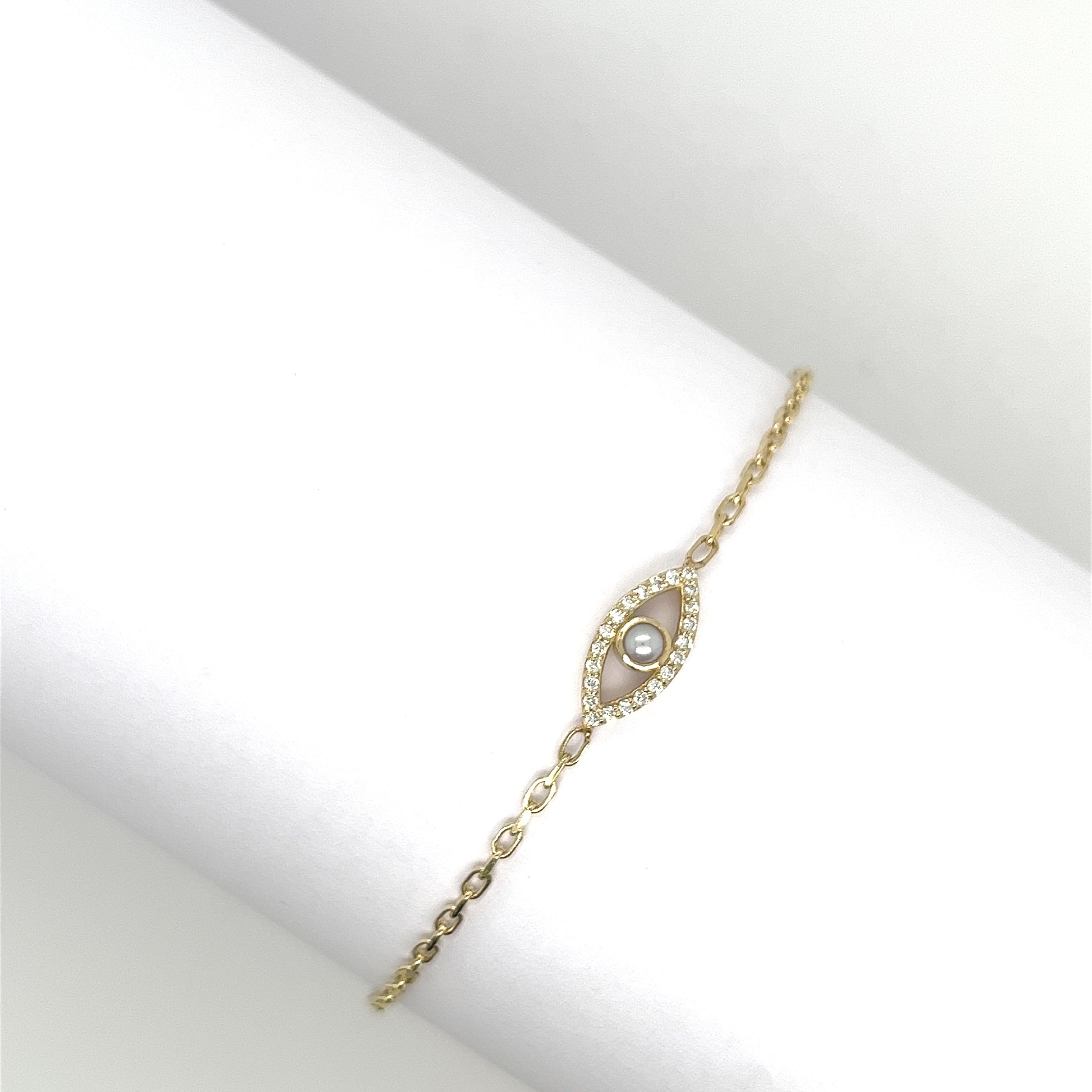 Round Cut 9ct Yellow Gold Diamond &Pearl Set Evil Eye Bracelet, June Birthstone For Sale