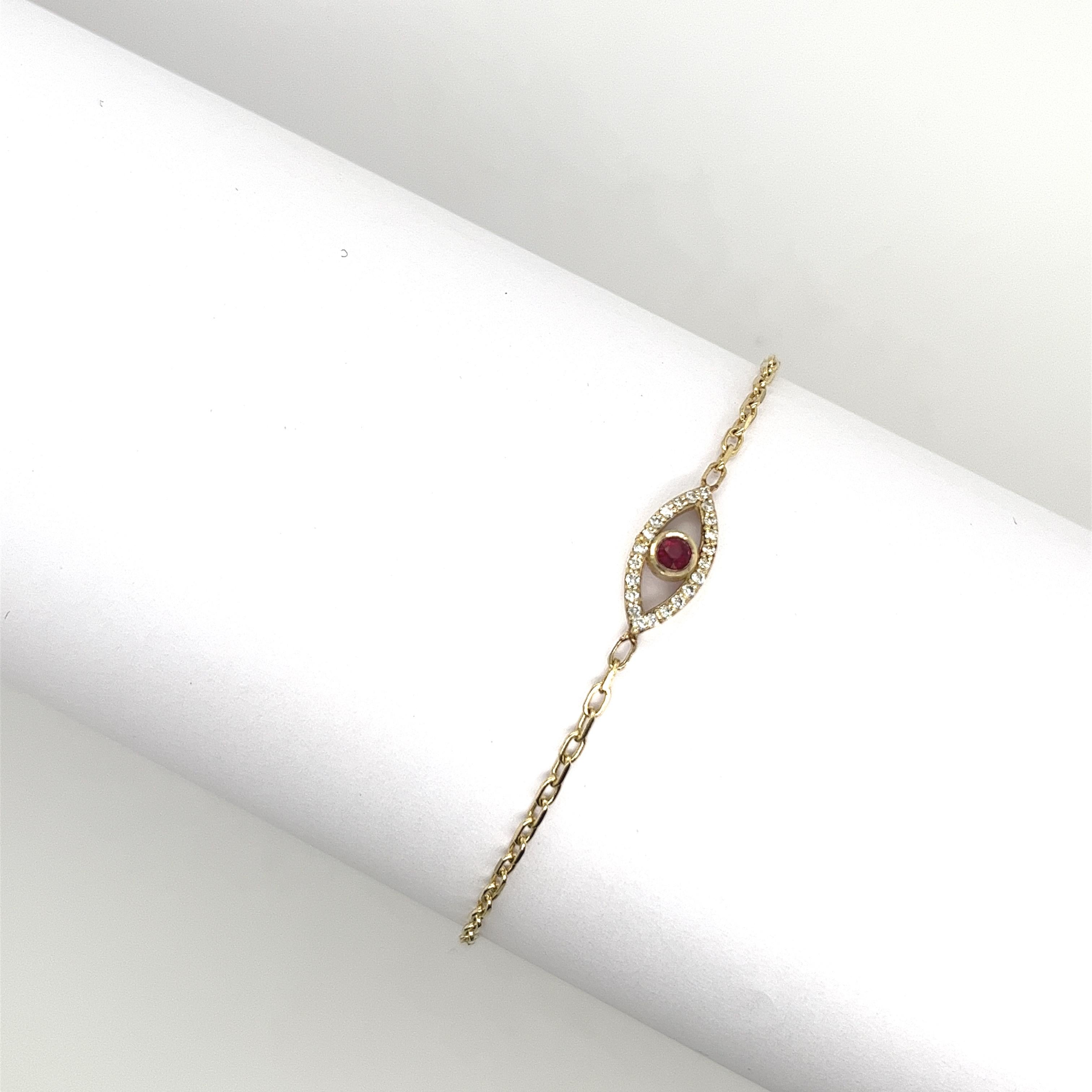 9ct Yellow Gold Diamond & Ruby Set Evil Eye Bracelet, July Birthstone In New Condition For Sale In London, GB