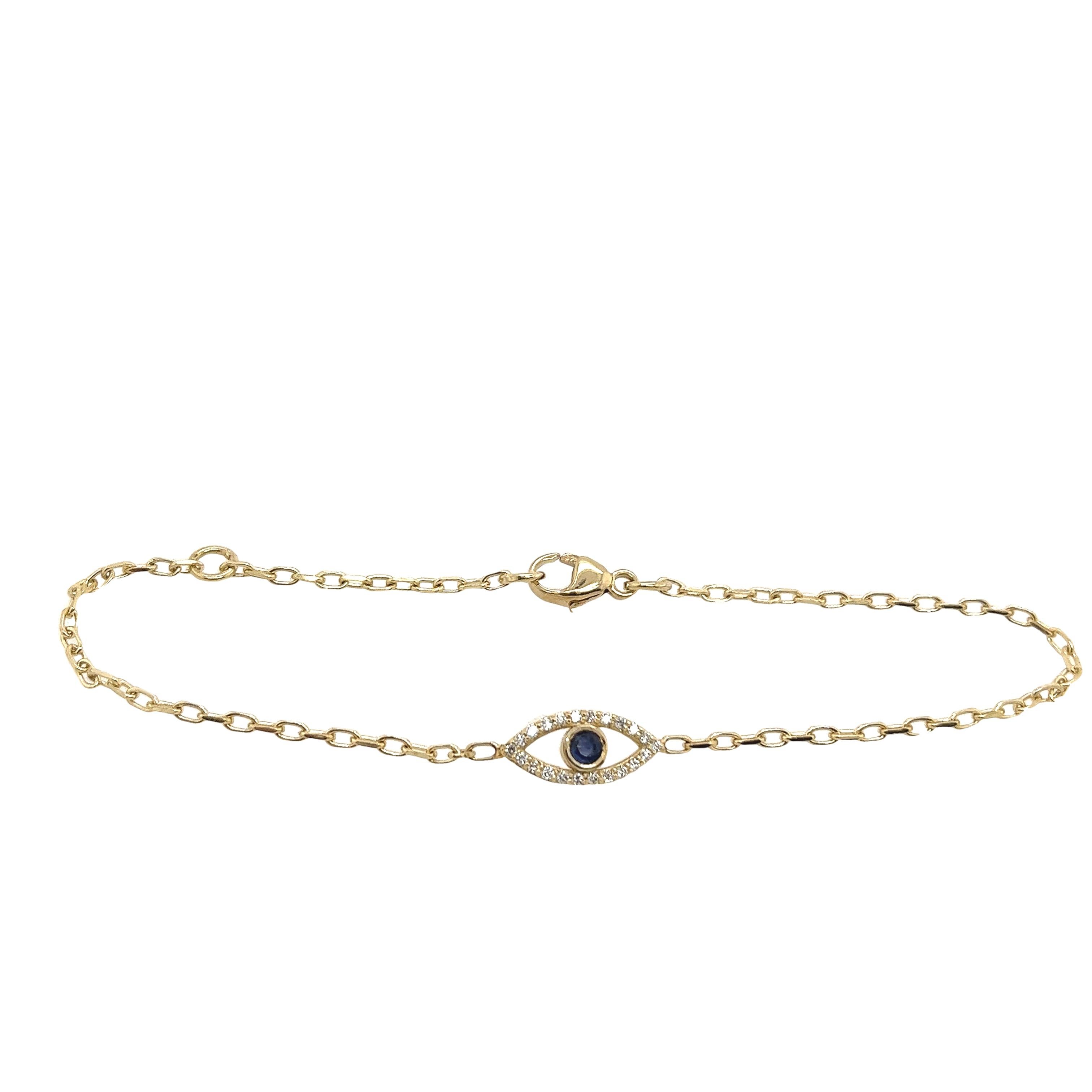 Round Cut 9ct Yellow Gold Diamond & Sapphire Set Evil Eye Bracelet, September Birthstone For Sale