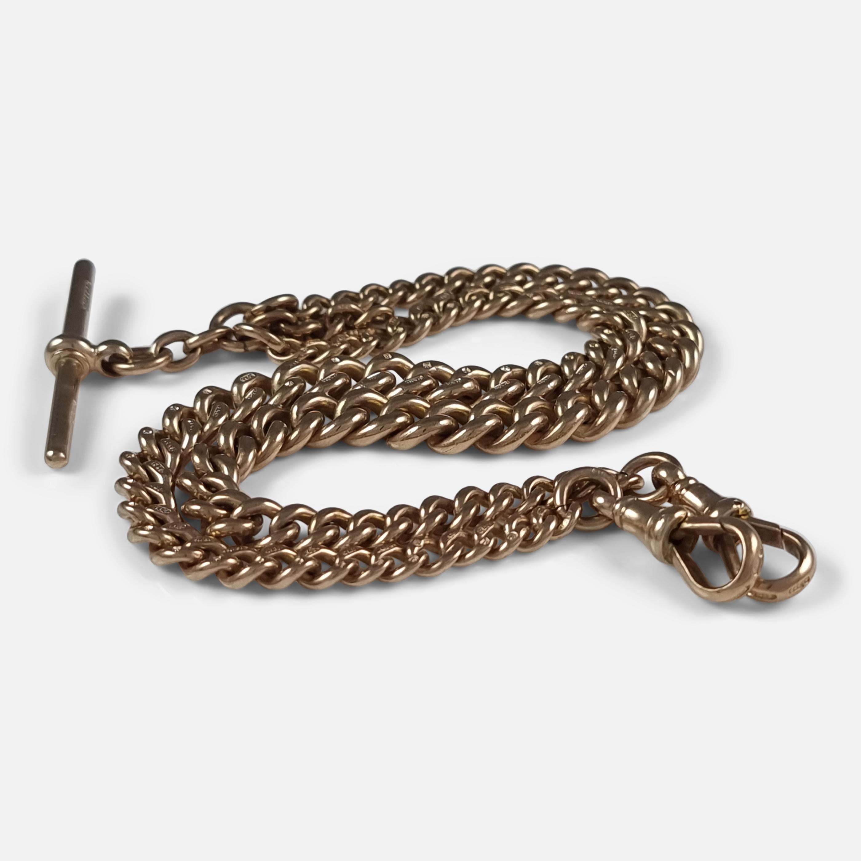 Eine Edwardian 9ct Gelbgold graduating curb link double albert Uhrenkette, und T-Bar. 

Die Kette ist mit den Punzen des Birmingham Assay Office und dem Datumsbuchstaben 