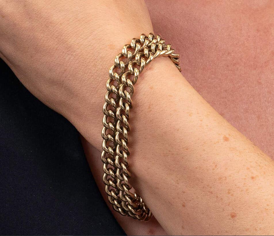 Women's 9ct Yellow Gold Double Row Curb Bracelet 47.40 grams For Sale