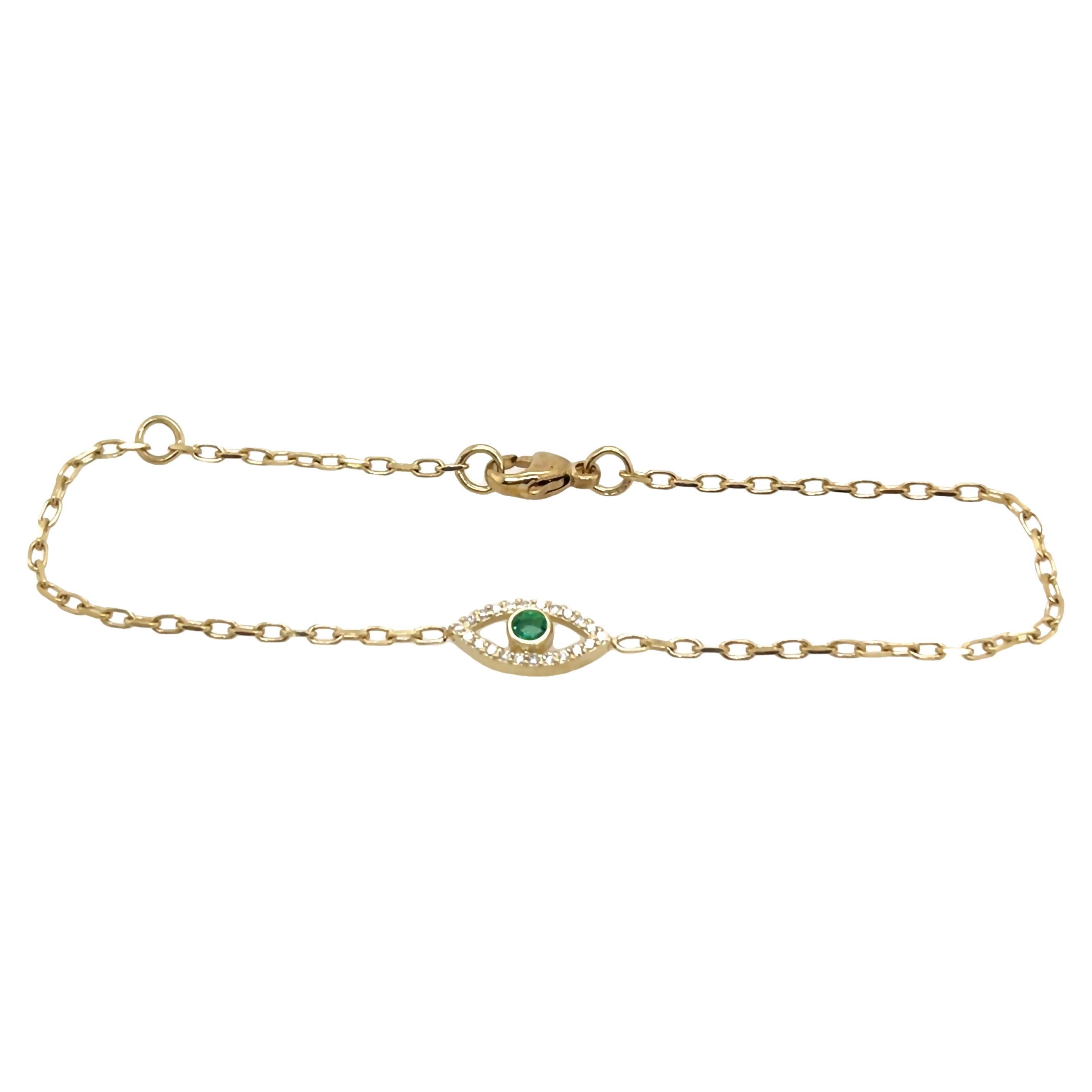 9ct Yellow Gold Emerald Set Evil Eye Bracelet, May Birthstone