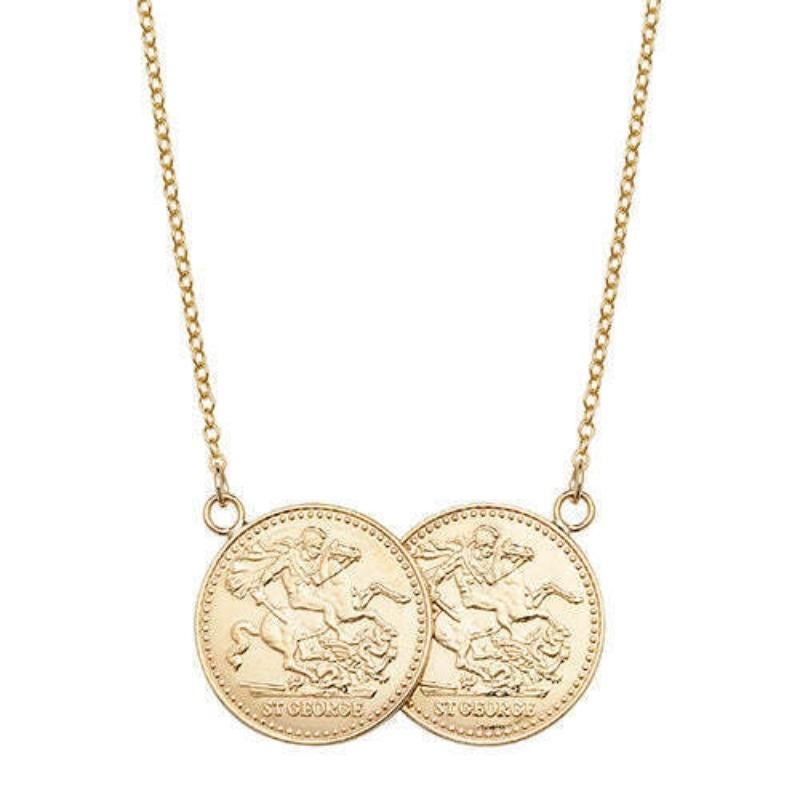 9ct Gelbgold Voll SOVEREIGN zwei Münzen Halskette massiv 8g Double UK Hallmark Damen im Angebot