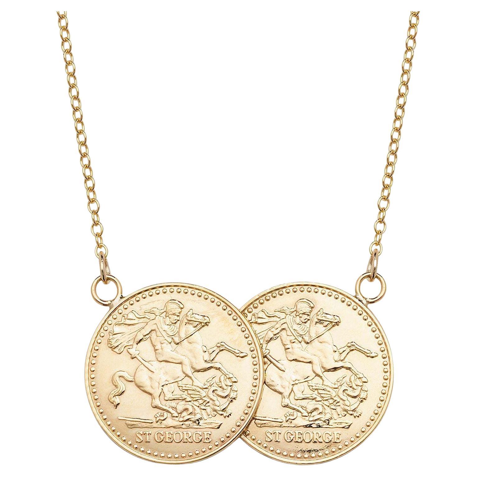9ct Yellow Gold Full SOVEREIGN Two Coin Necklace Solid 8g Double UK Hallmark For Sale